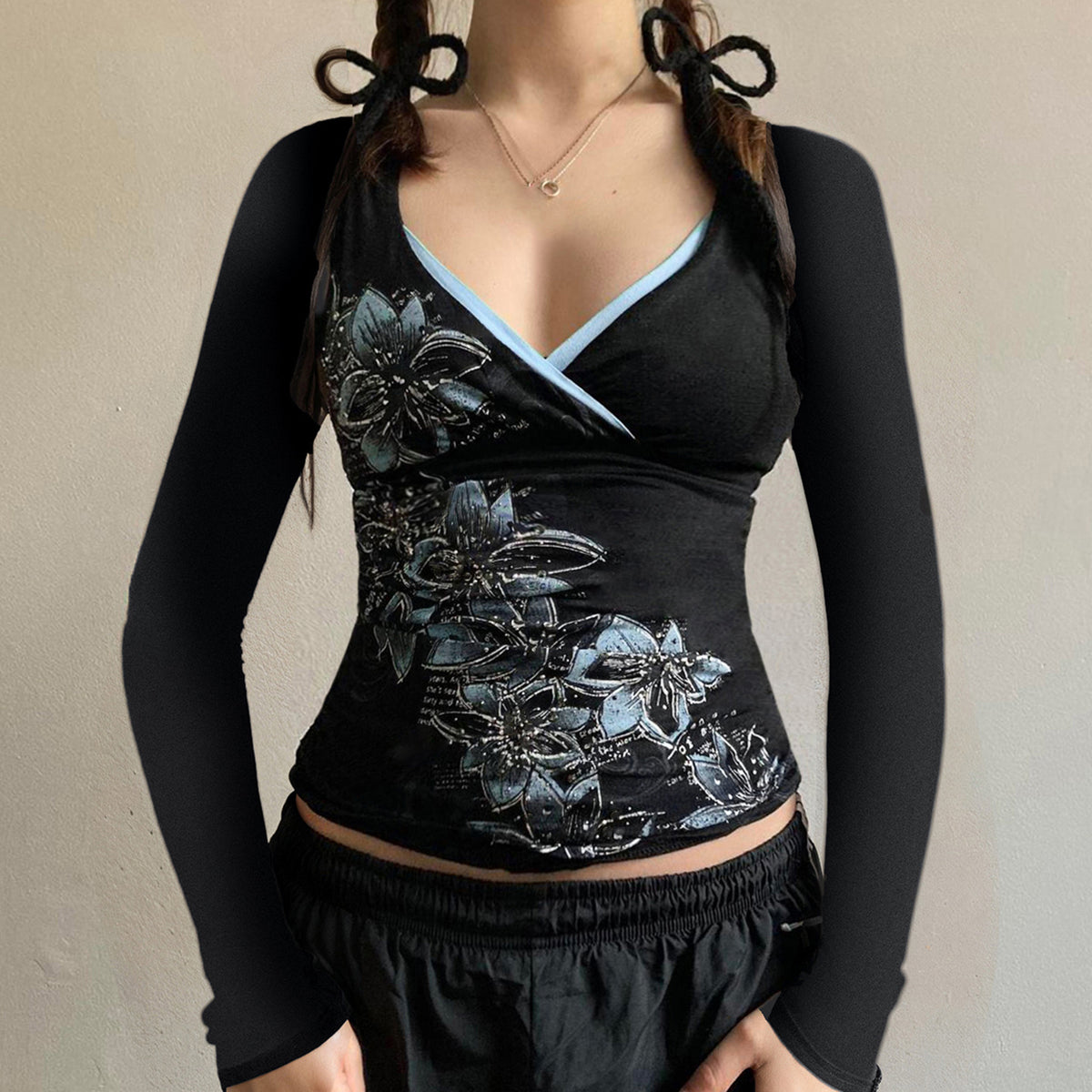 Floral Print V-Neck Long Sleeve T-Shirt