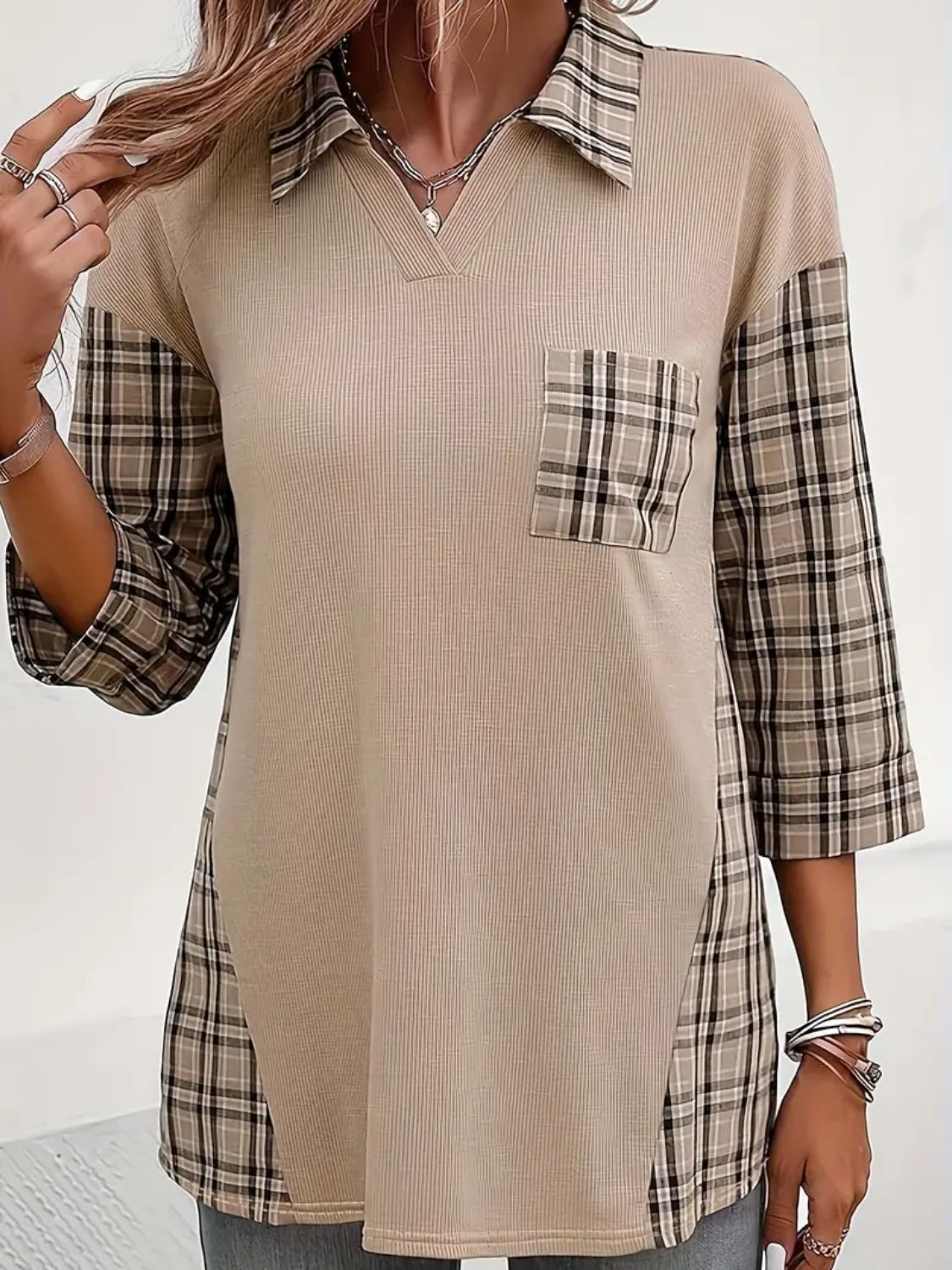 Plaid Johhny Collar Three-Quarter Sleeve T-Shirt - Lojy Shop