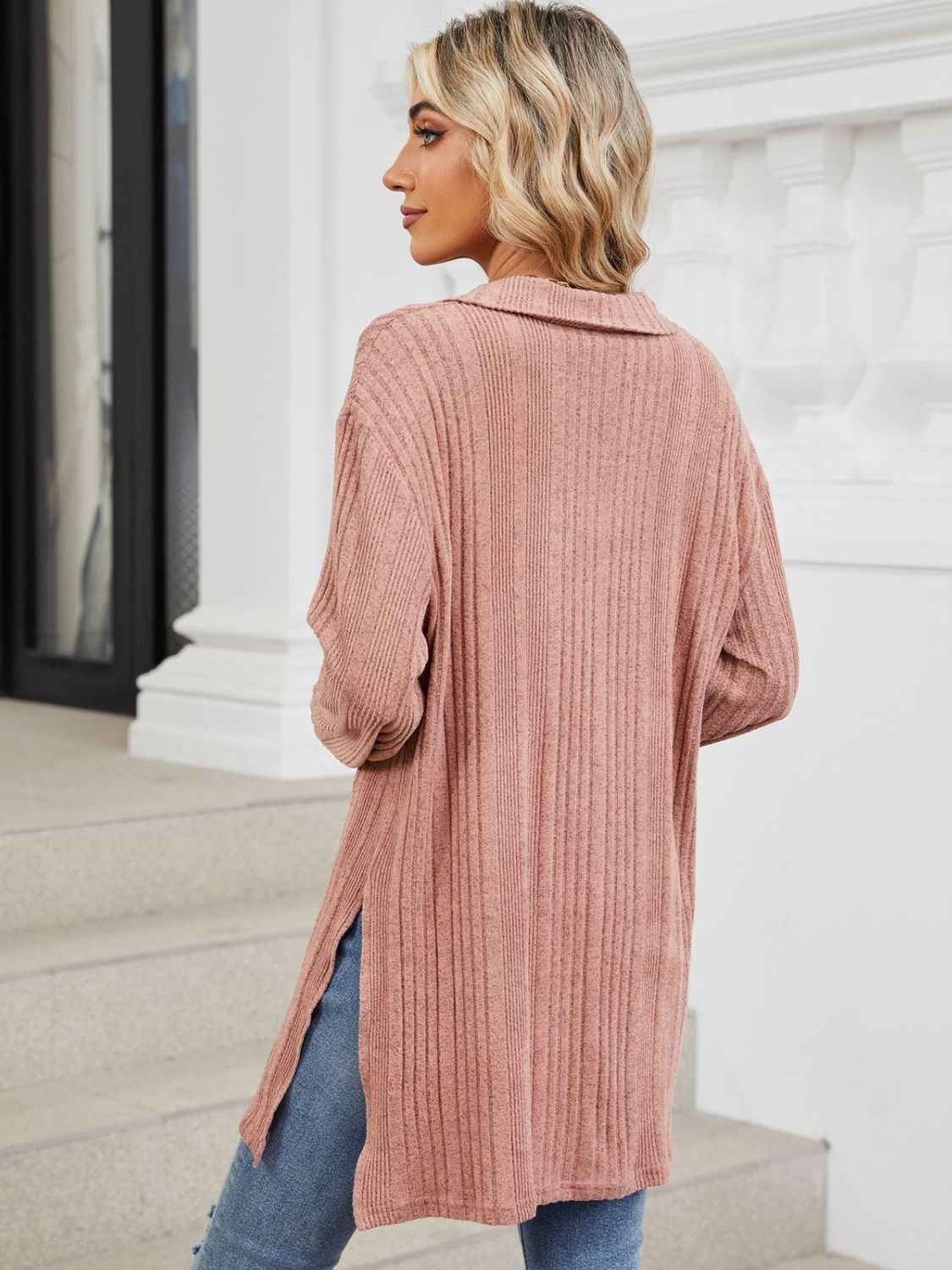 Slit Johnny Collar Long Sleeve T-Shirt - Lojy Shop
