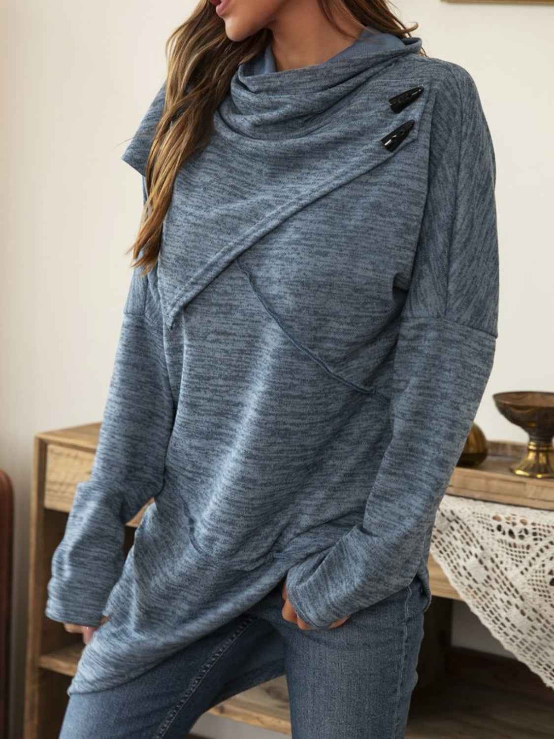 Asymmetrical Hem Cowl Neck Long Sleeve T-Shirt - Lojy Shop
