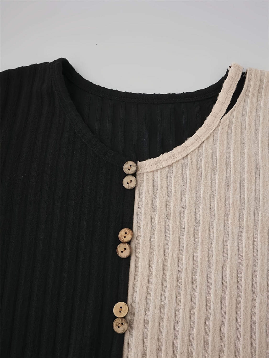 Decorative Button Contrast Round Neck Long Sleeve T-Shirt - Lojy Shop