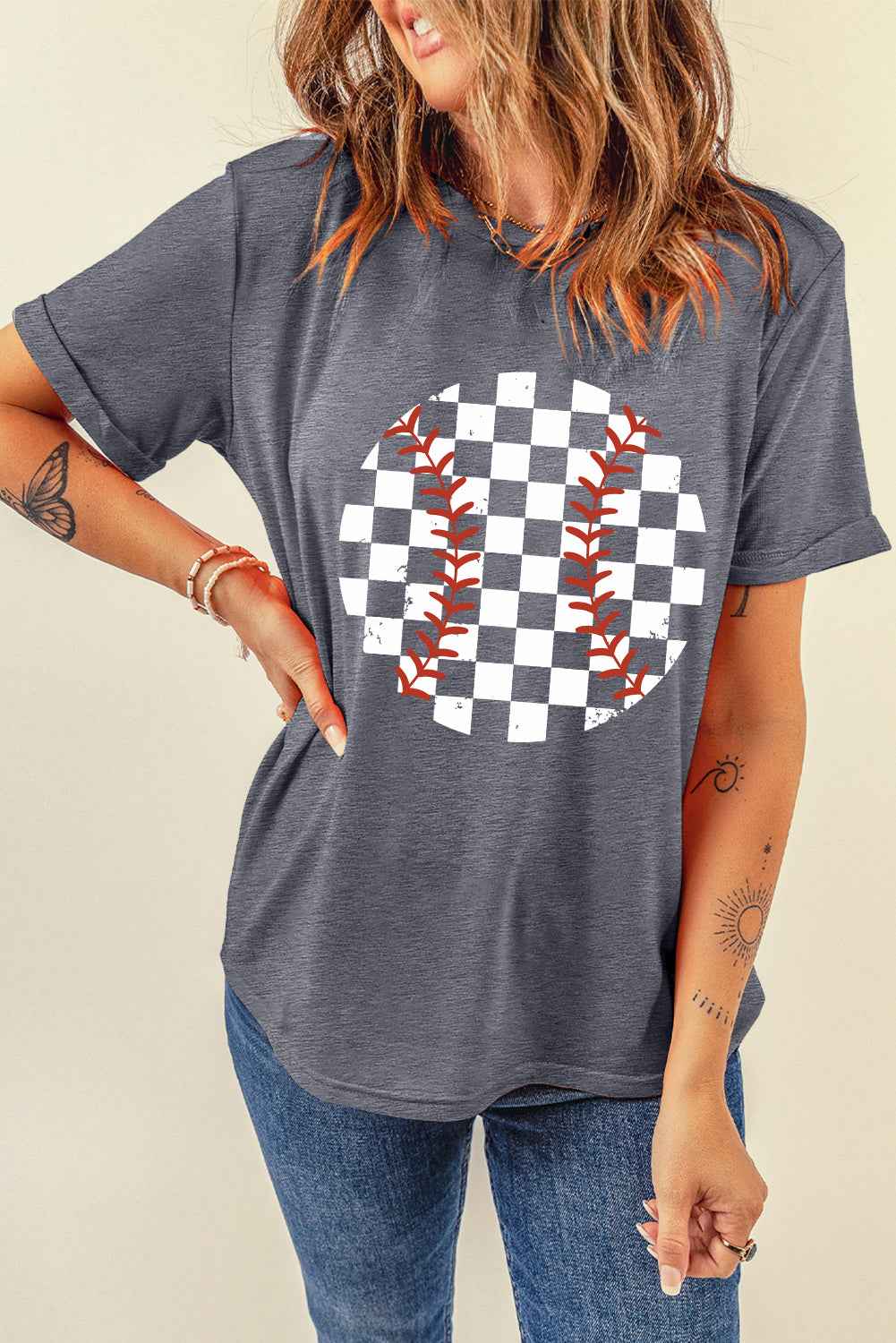 Checkered Graphic Round Neck Short Sleeve T-Shirt - Lojy Shop