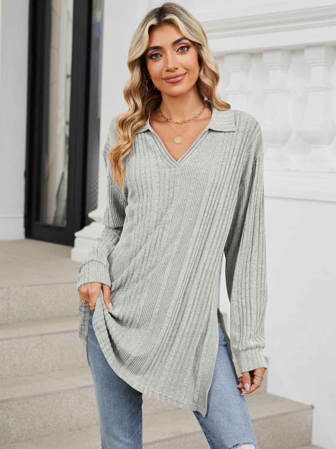 Slit Johnny Collar Long Sleeve T-Shirt - Lojy Shop