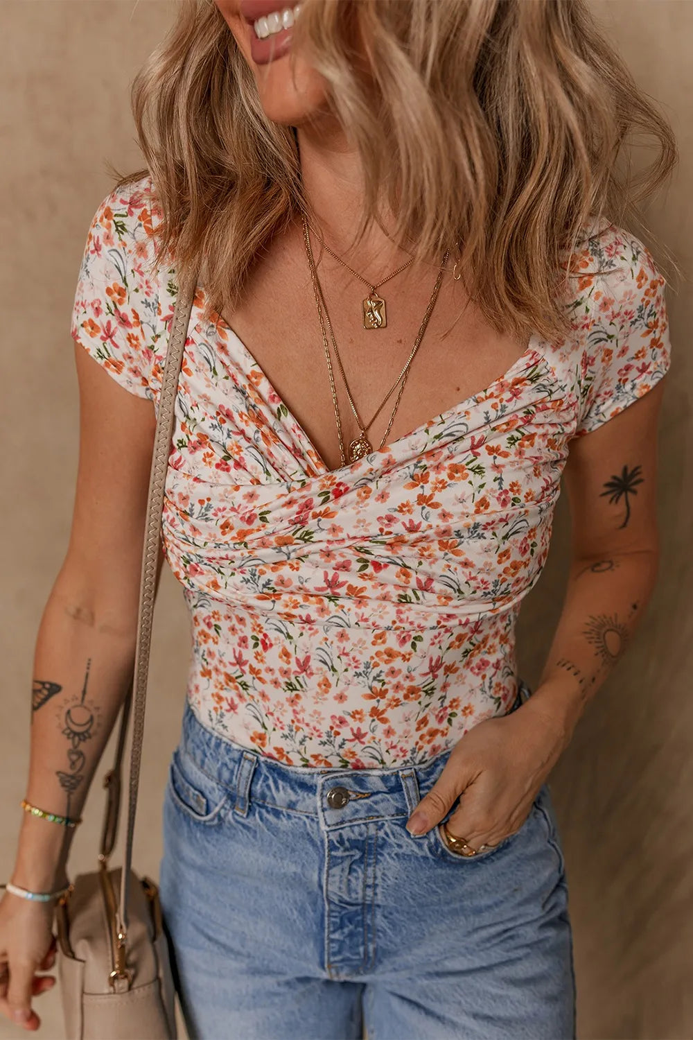 Printed Ruched Short Sleeve Bodysuit