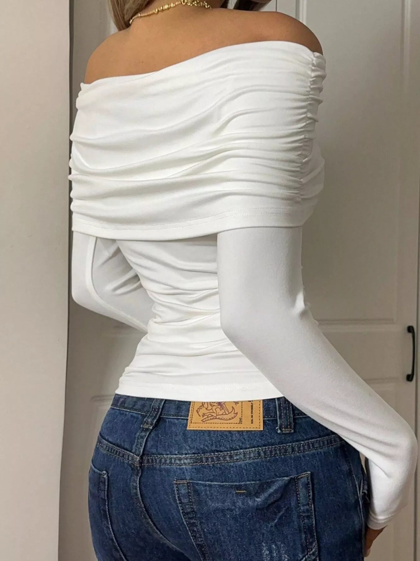 Off-Shoulder Ruched Long Sleeve T-Shirt