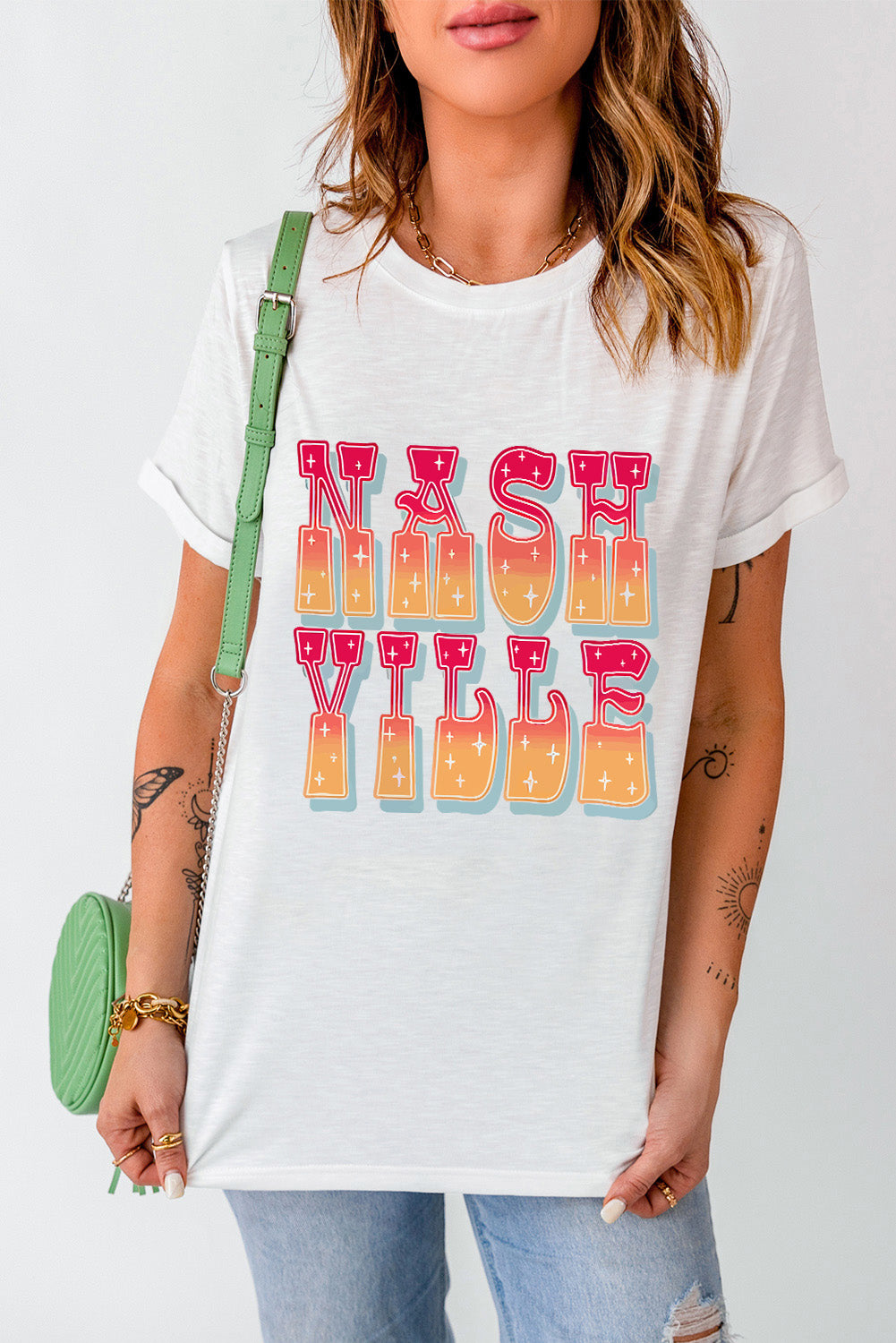 Letter Graphic Round Neck Short Sleeve T-Shirt - Lojy Shop