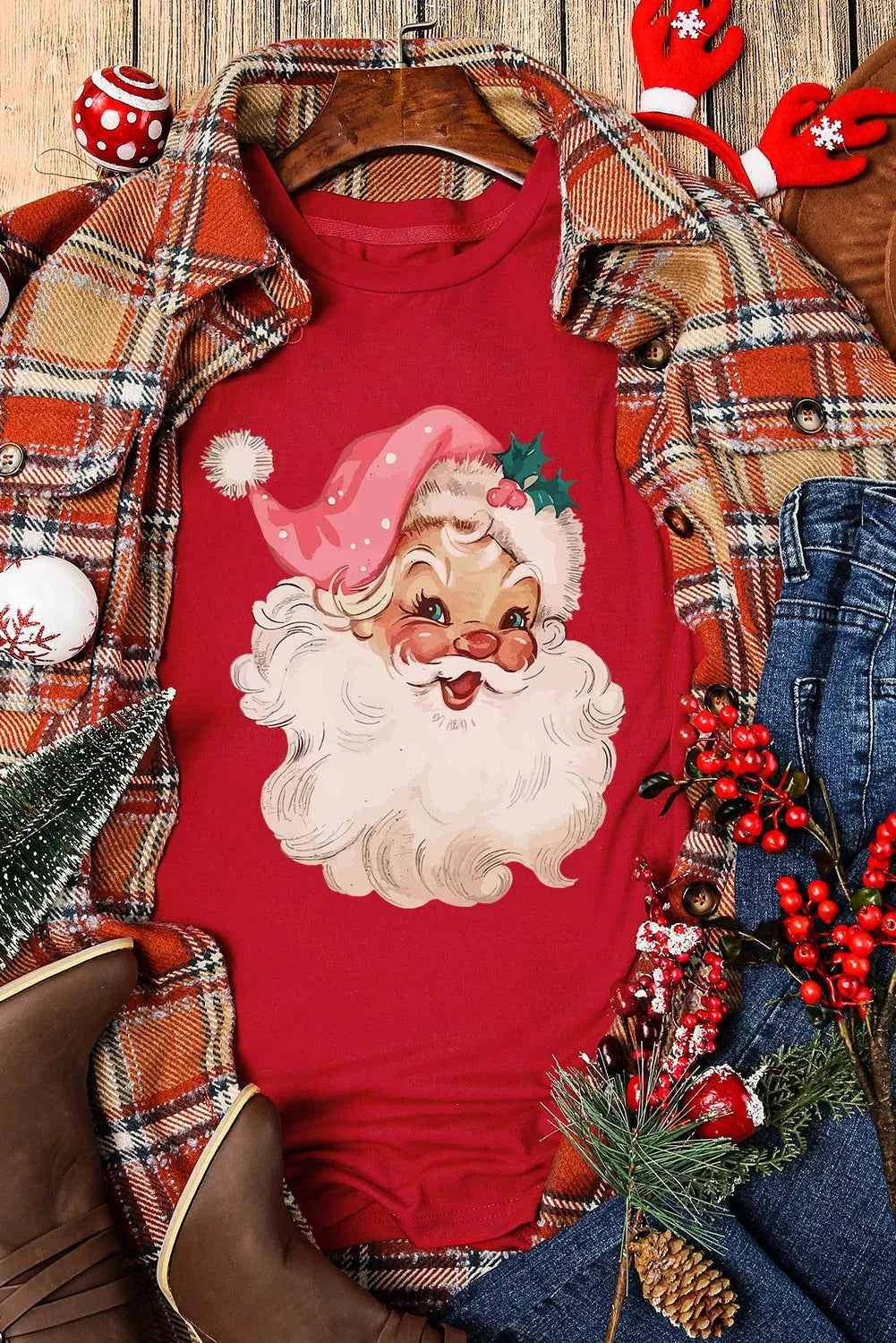 Santa Round Neck Short Sleeve T-Shirt - Lojy Shop