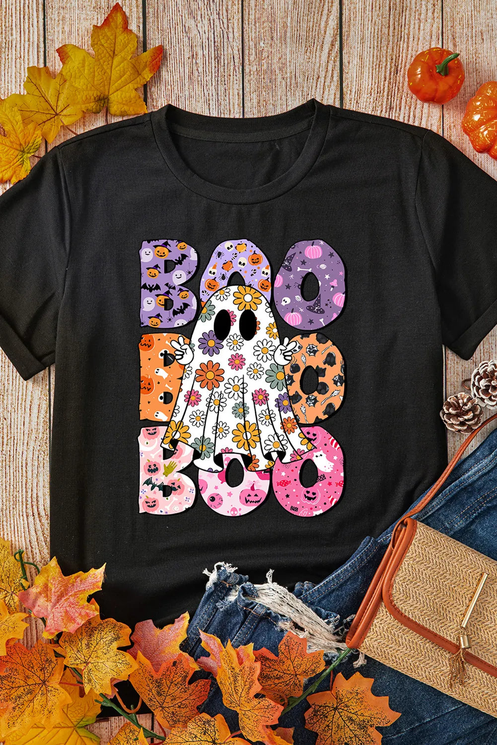 BOO Ghost Graphic Round Neck Short Sleeve T-Shirt - Lojy Shop