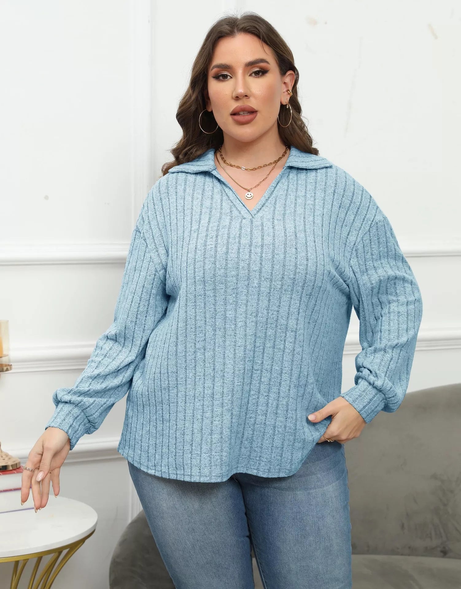 Plus Size Ribbed Knit Polo Collar T-Shirt