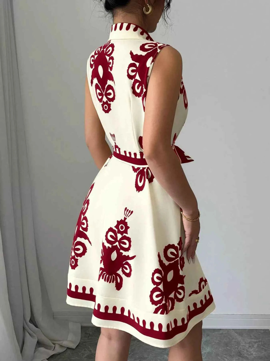 Sleeveless Ruched Printed Tie Waist Dress