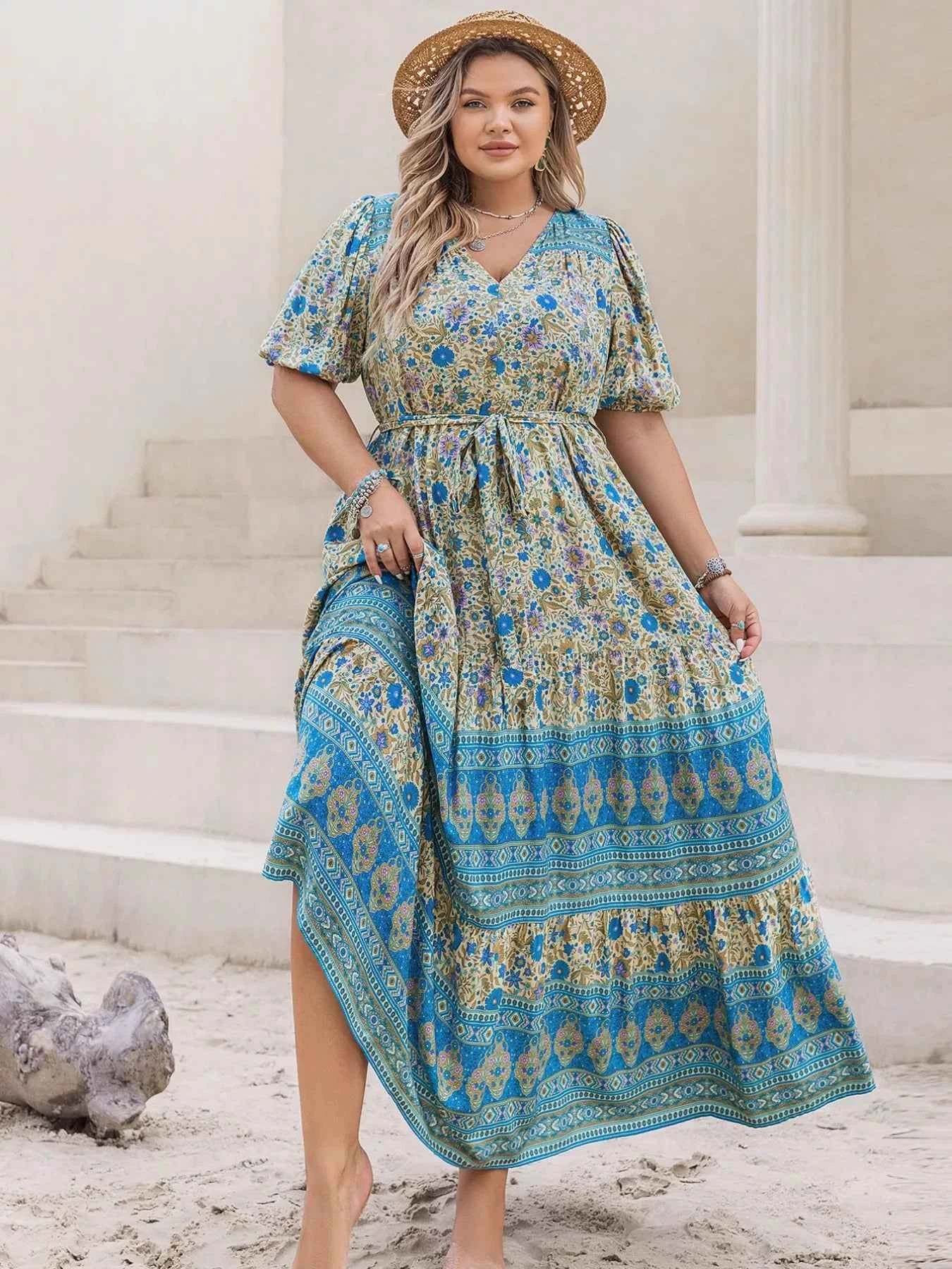 Plus Size V-Neck Floral Print Maxi Dress