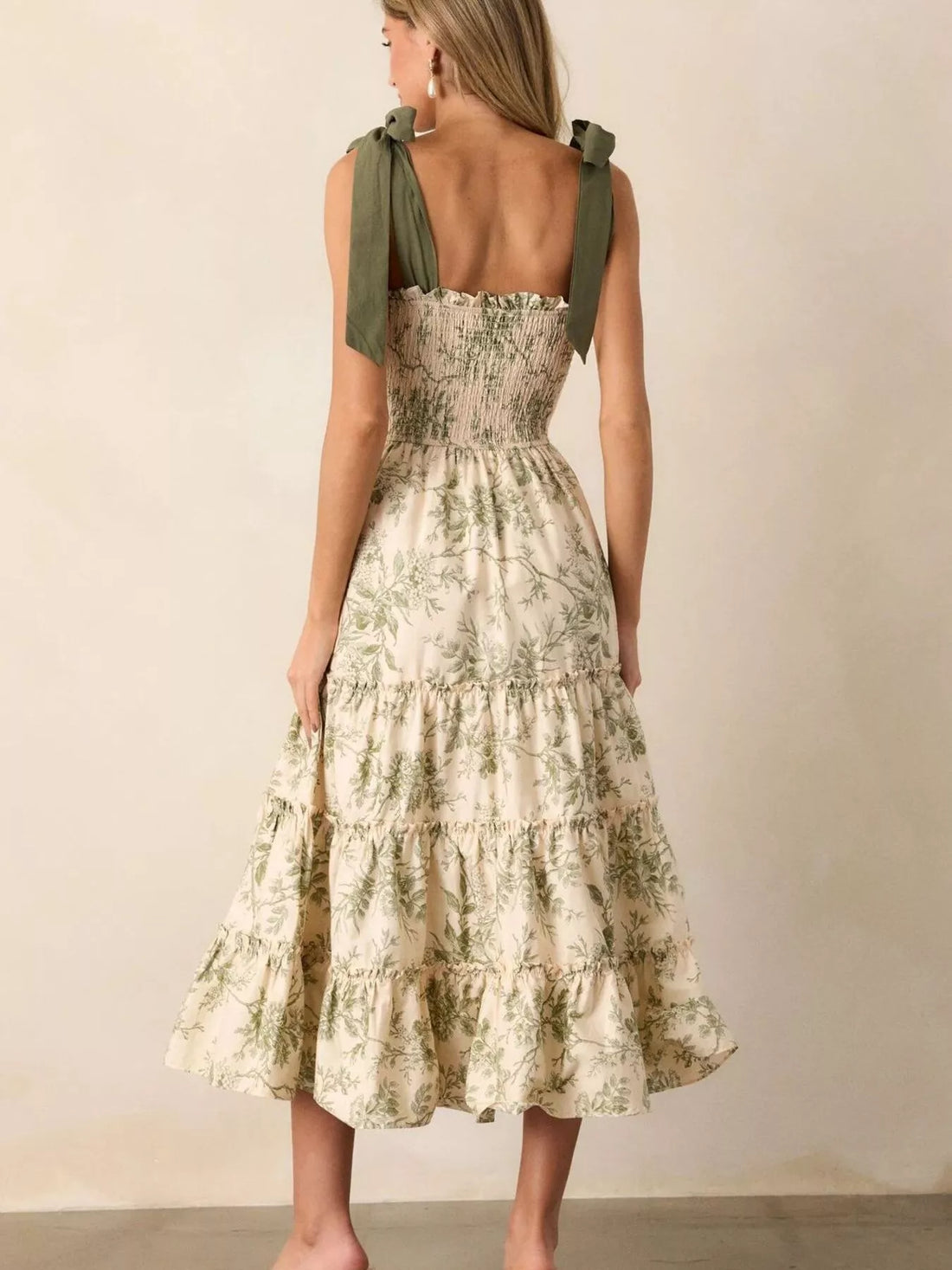 Floral Print Tiered Midi Dress with Tie Straps