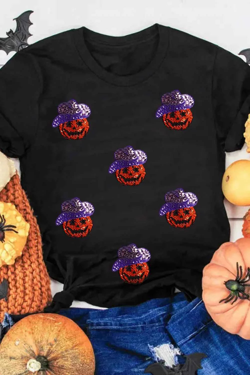 Sequin Pumpkin Round Neck Short Sleeve T-Shirt - Lojy Shop
