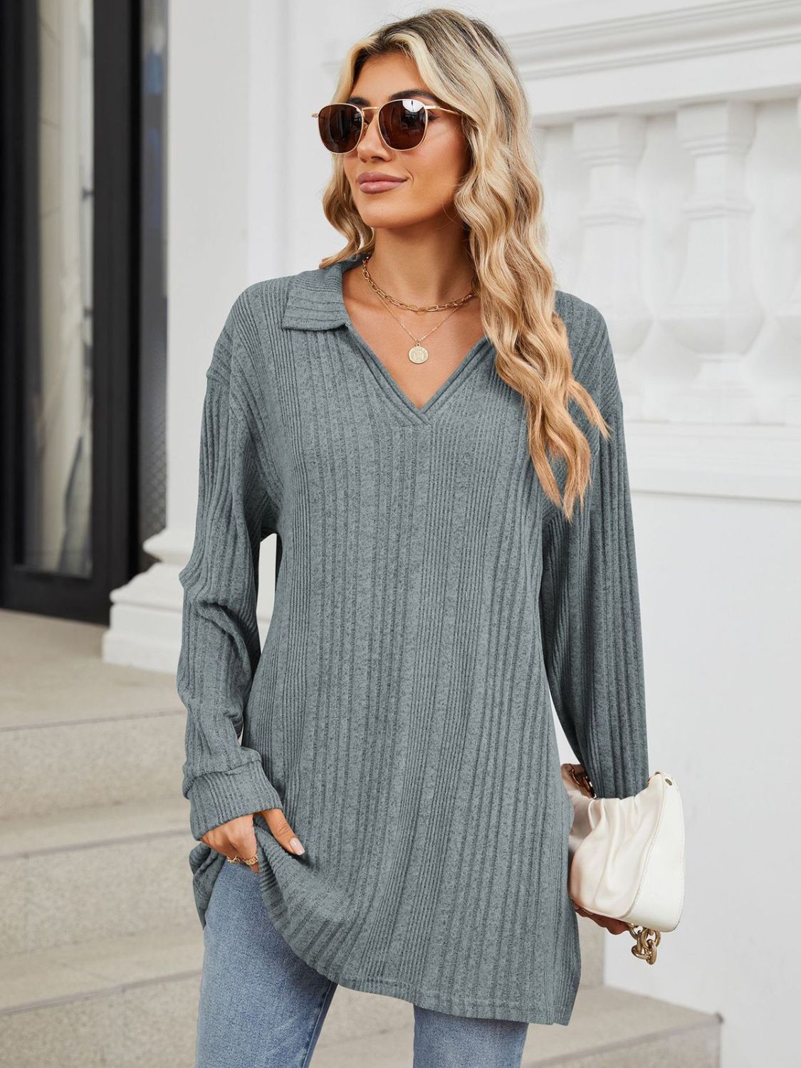 Slit Johnny Collar Long Sleeve T-Shirt - Lojy Shop