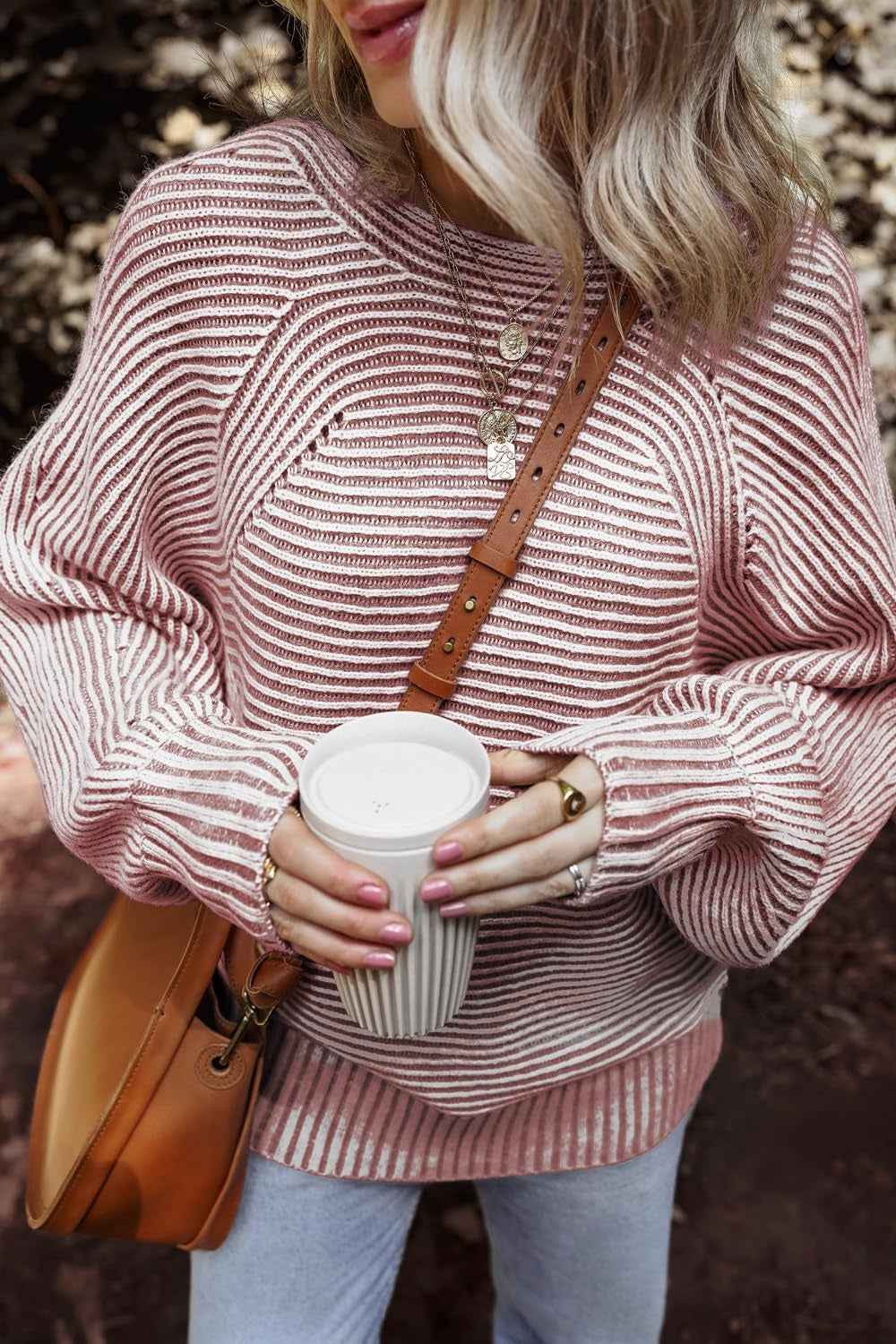 Textured Striped Round Neck Long Sleeve Top - Lojy Shop