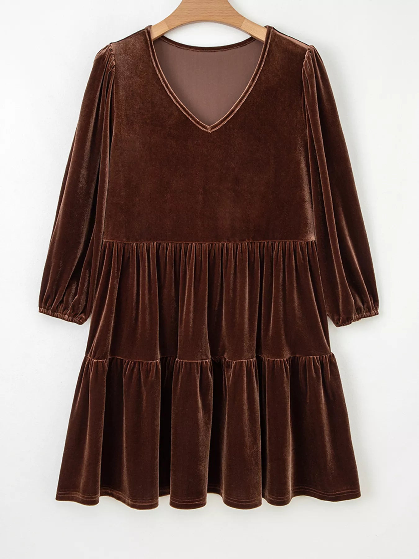 Solid Color Velvet V Neck Long Sleeve Tiered Mini Dress