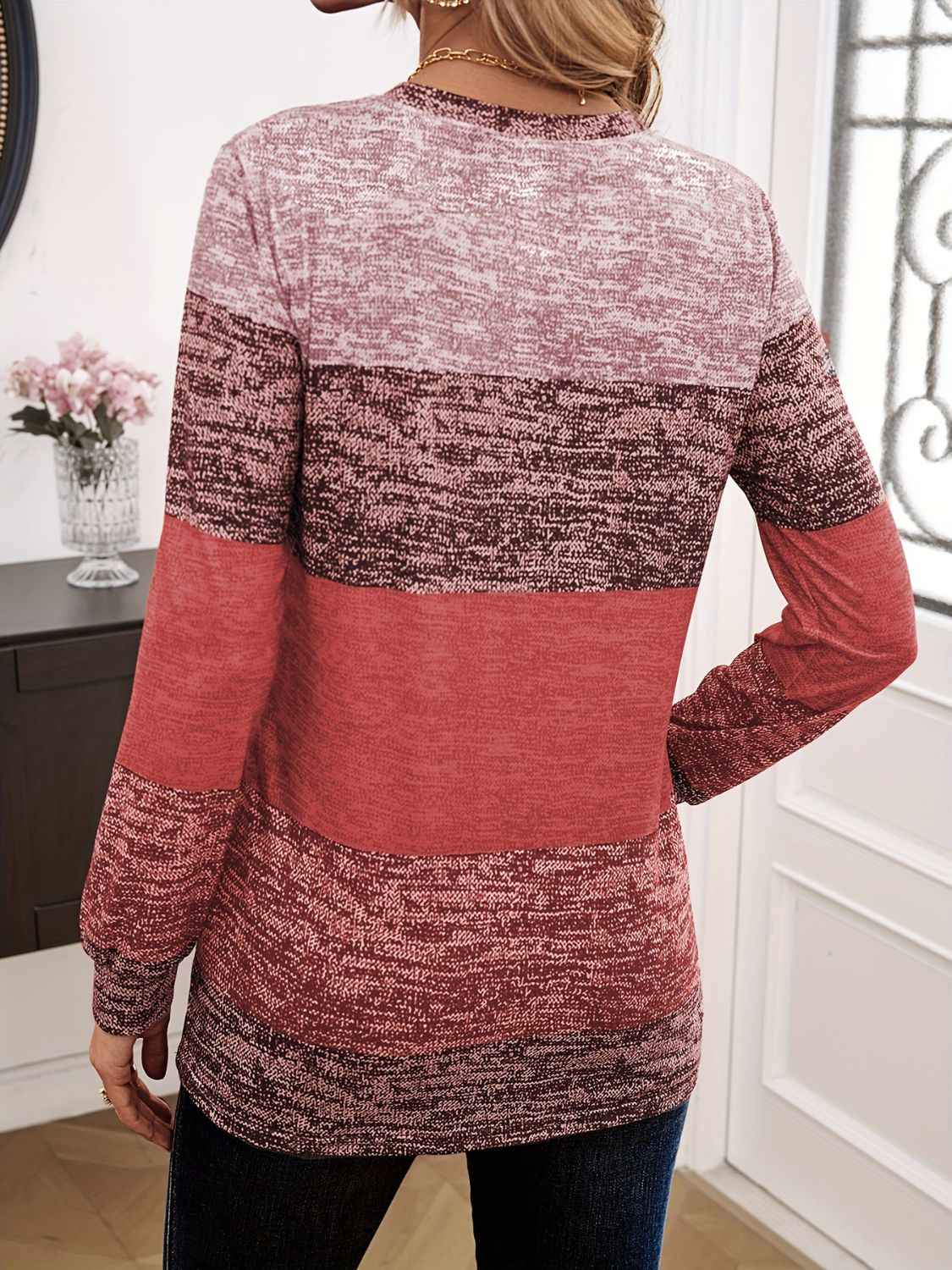 Decorative Button Contrast Round Neck Long Sleeve T-Shirt - Lojy Shop