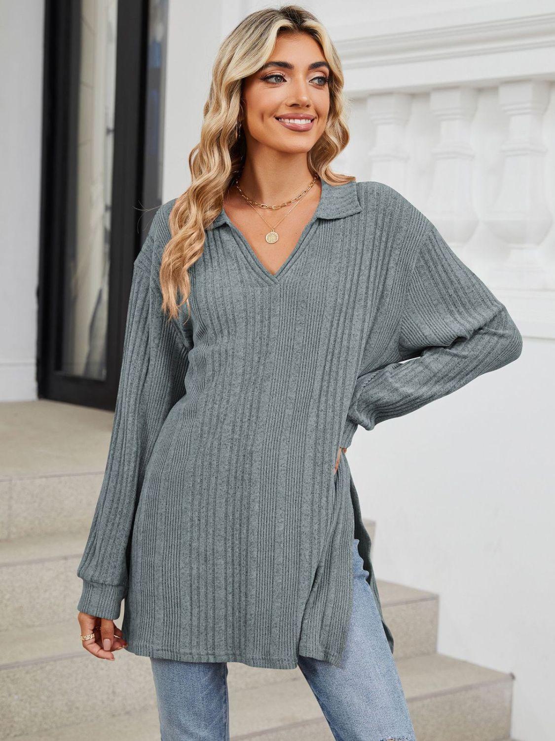 Slit Johnny Collar Long Sleeve T-Shirt - Lojy Shop
