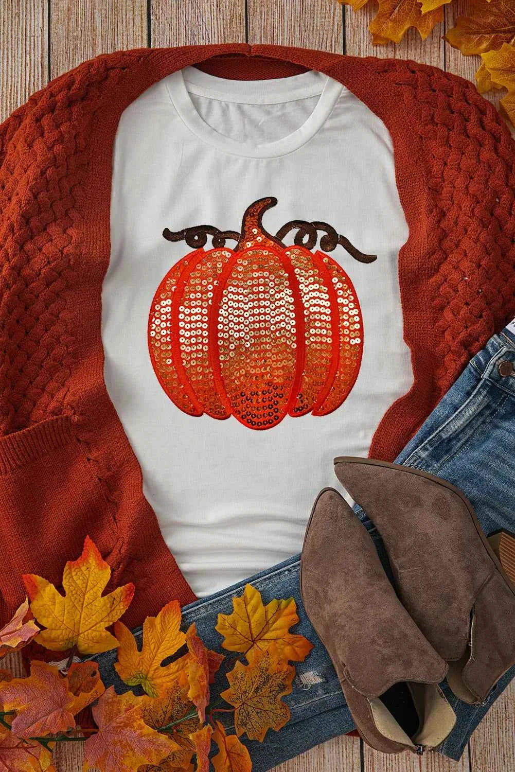Full Size Sequin Pumpkin Round Neck Short Sleeve T-Shirt - Lojy Shop