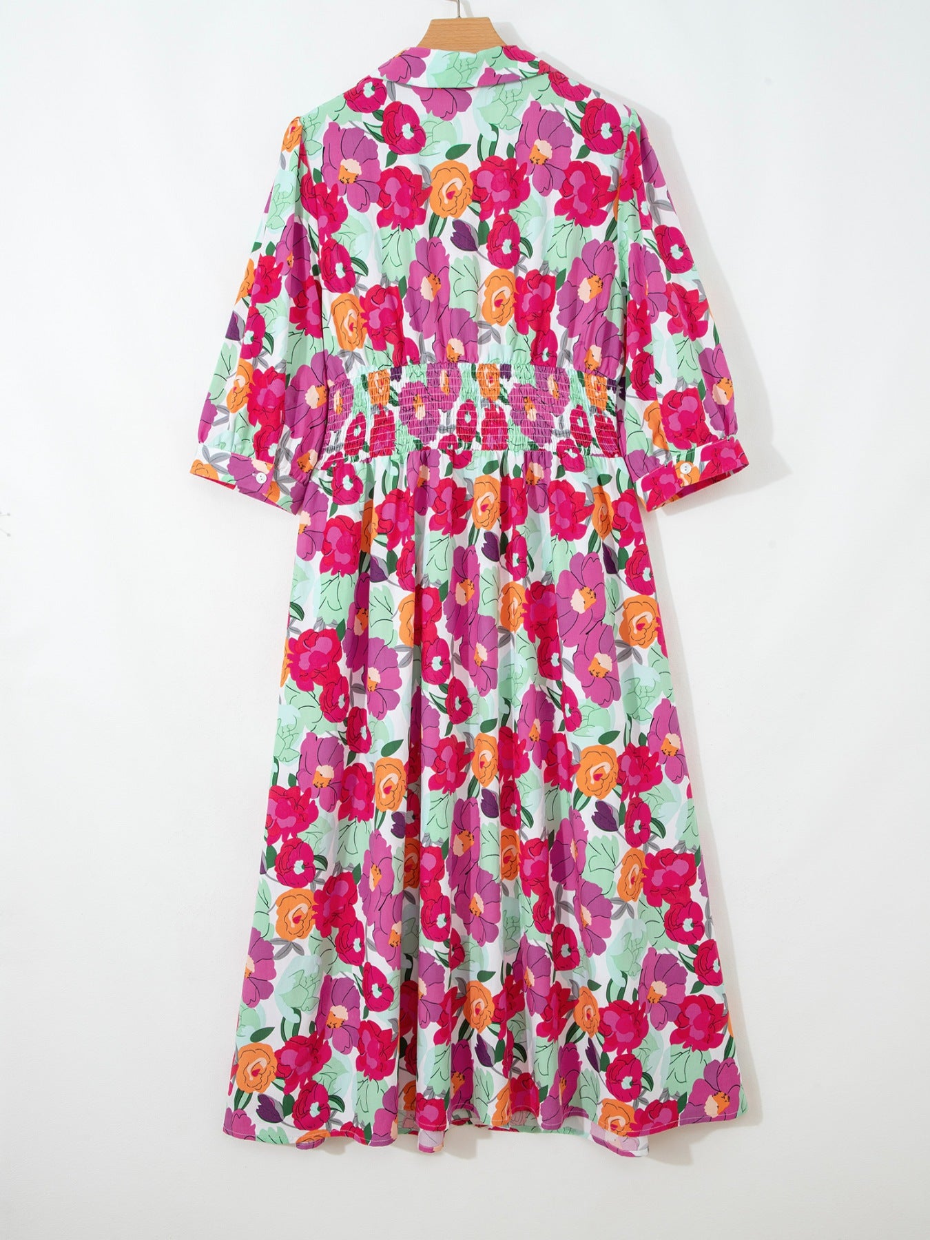Vibrant Floral Print V Neck Zip Up Puffy Half Sleeve Dress