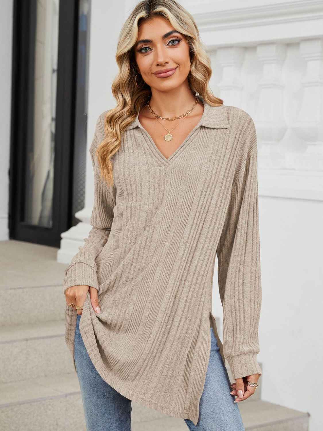 Slit Johnny Collar Long Sleeve T-Shirt - Lojy Shop