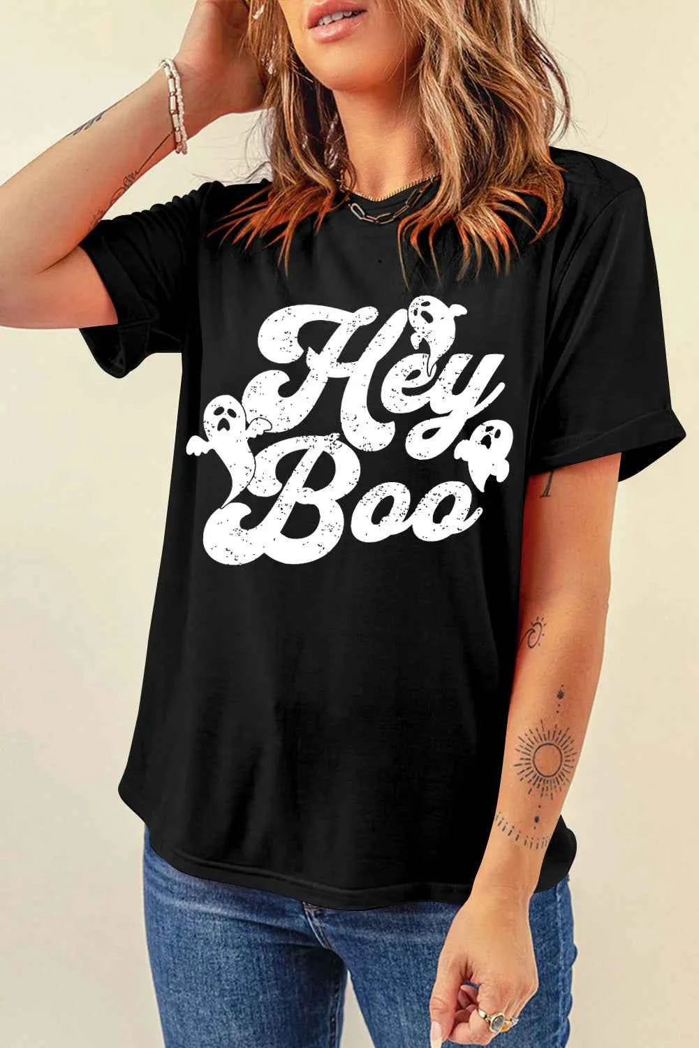 Letter Graphic Round Neck Short Sleeve T-Shirt - Lojy Shop