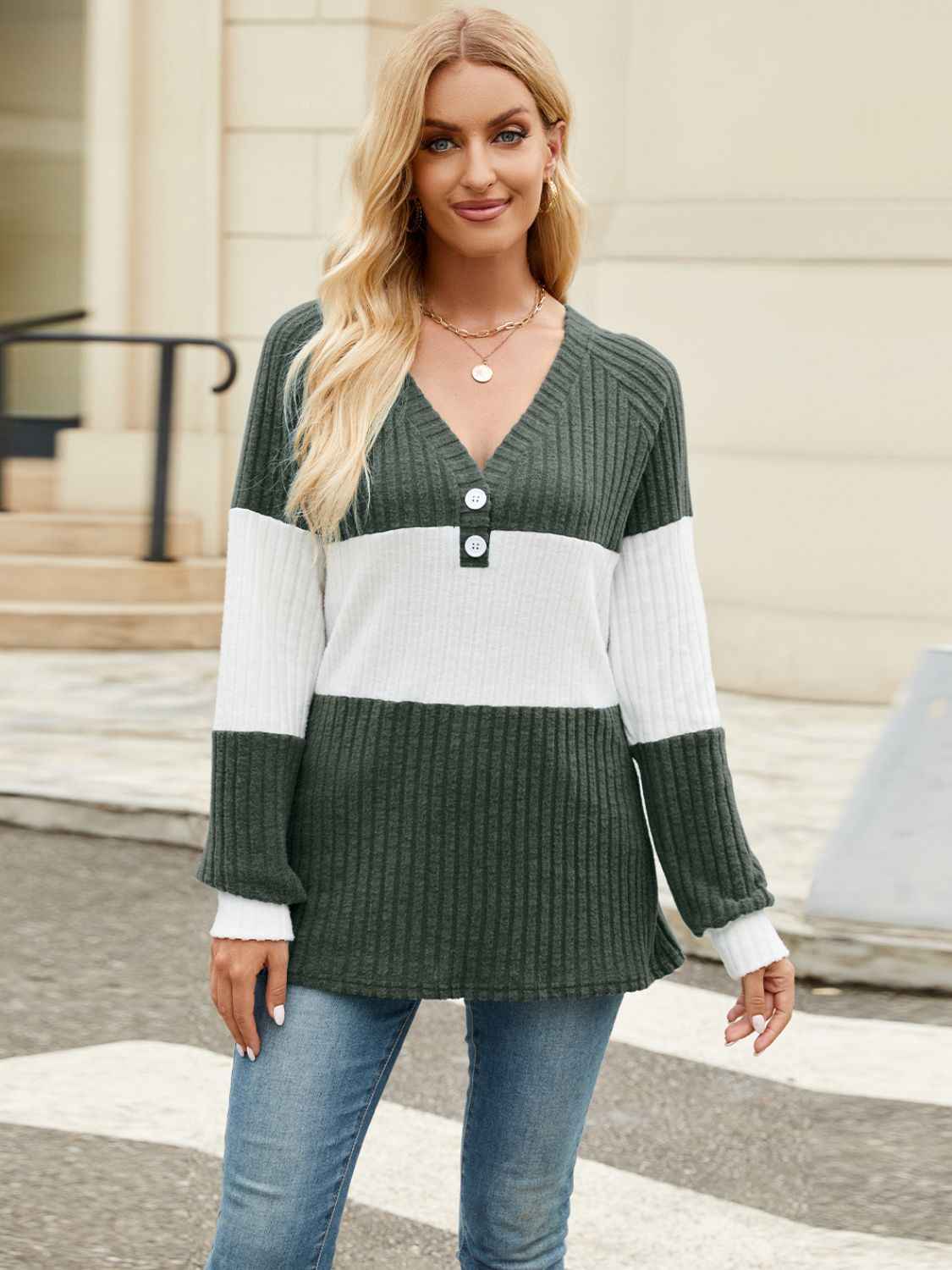 Color Block V-Neck Long Sleeve T-Shirt - Lojy Shop