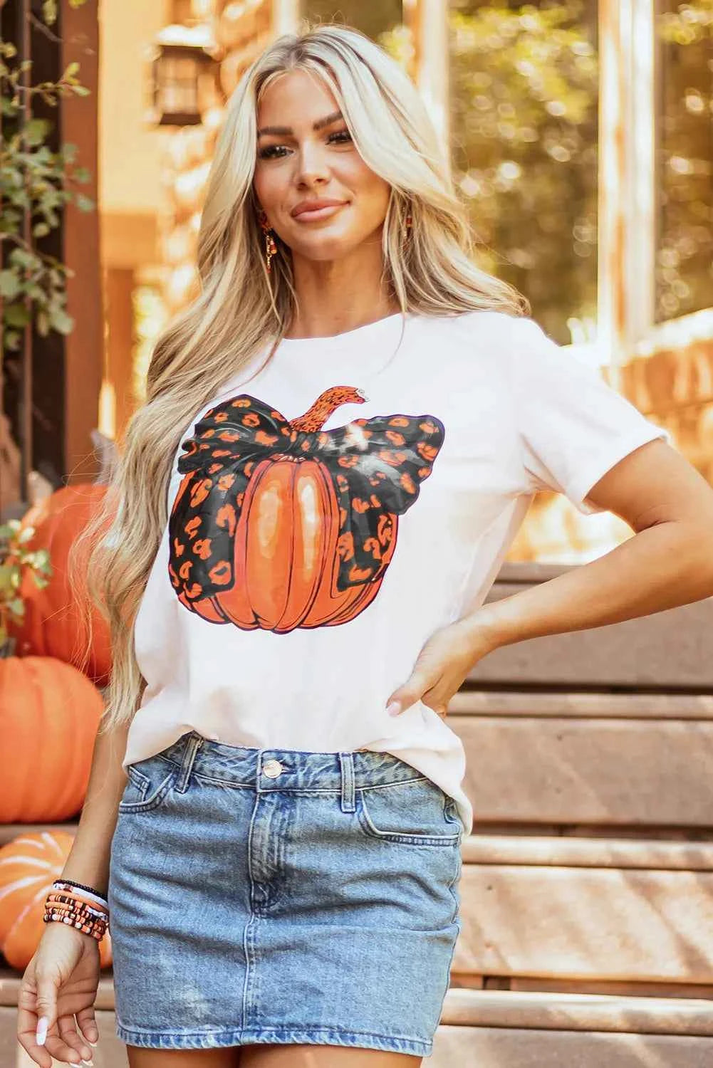 Pumpkin Round Neck Short Sleeve T-Shirt - Lojy Shop