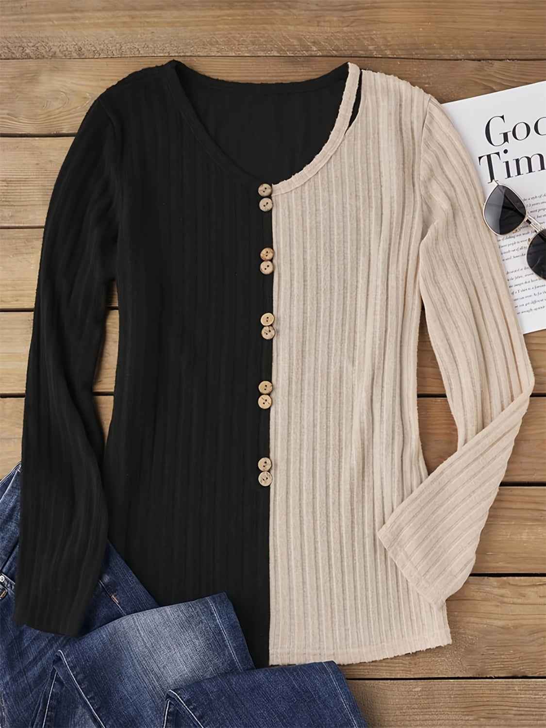 Decorative Button Contrast Round Neck Long Sleeve T-Shirt - Lojy Shop
