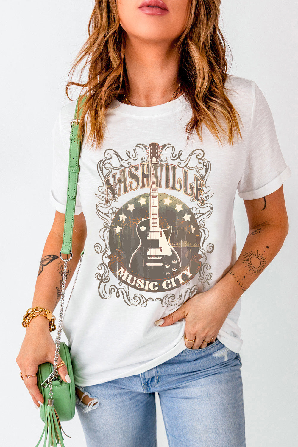 Guitar Graphic Round Neck Short Sleeve T-Shirt - Lojy Shop