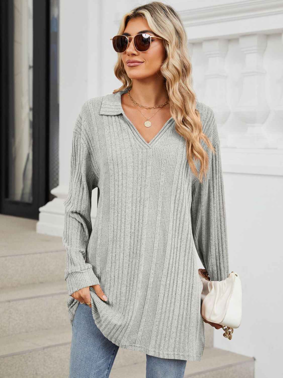 Slit Johnny Collar Long Sleeve T-Shirt - Lojy Shop
