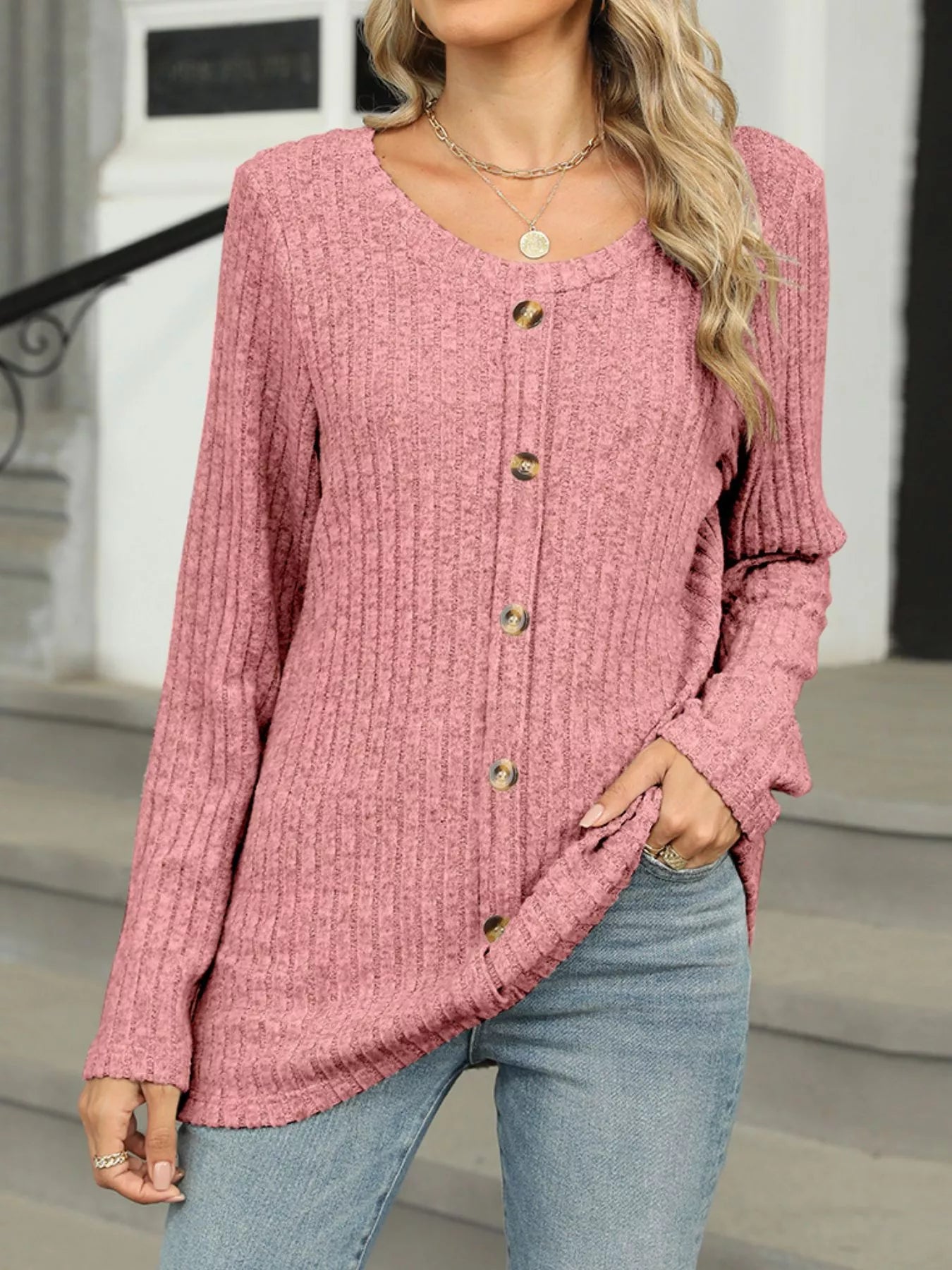 Ribbed Round Neck Long Sleeve Top