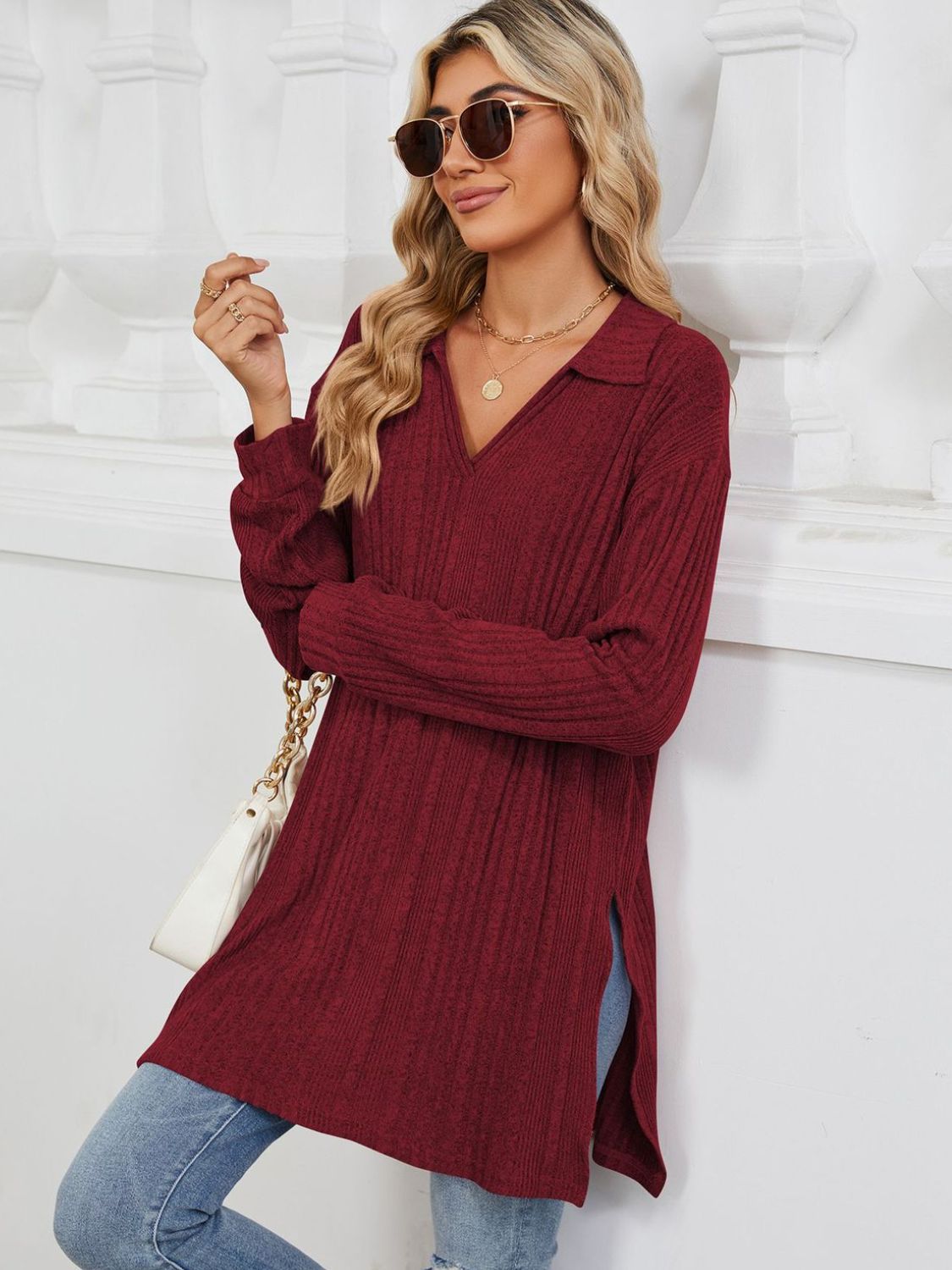 Slit Johnny Collar Long Sleeve T-Shirt - Lojy Shop