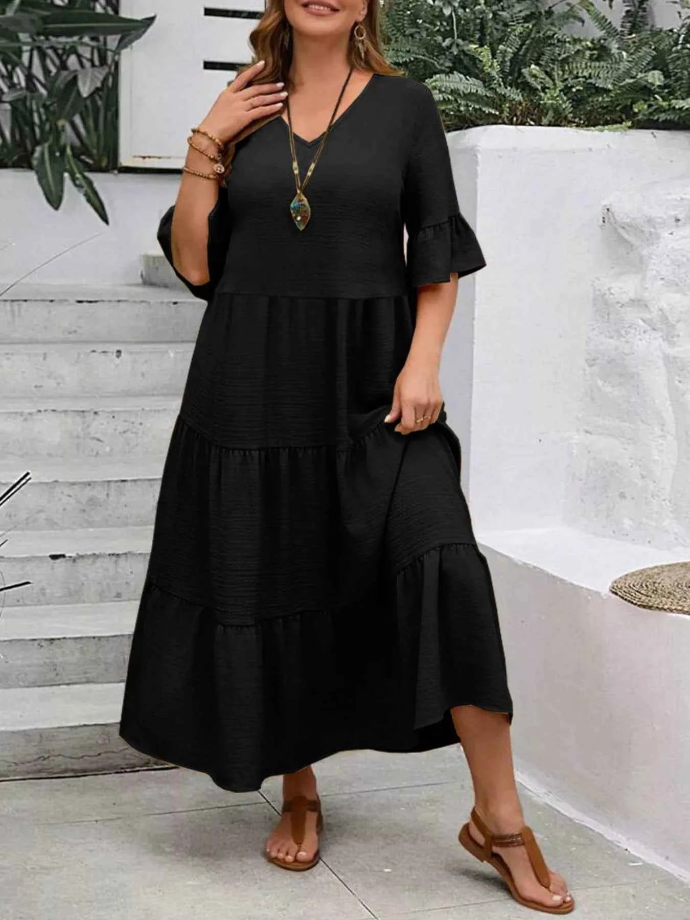 Plus Size Ruffle Sleeves Tiered Midi Dress