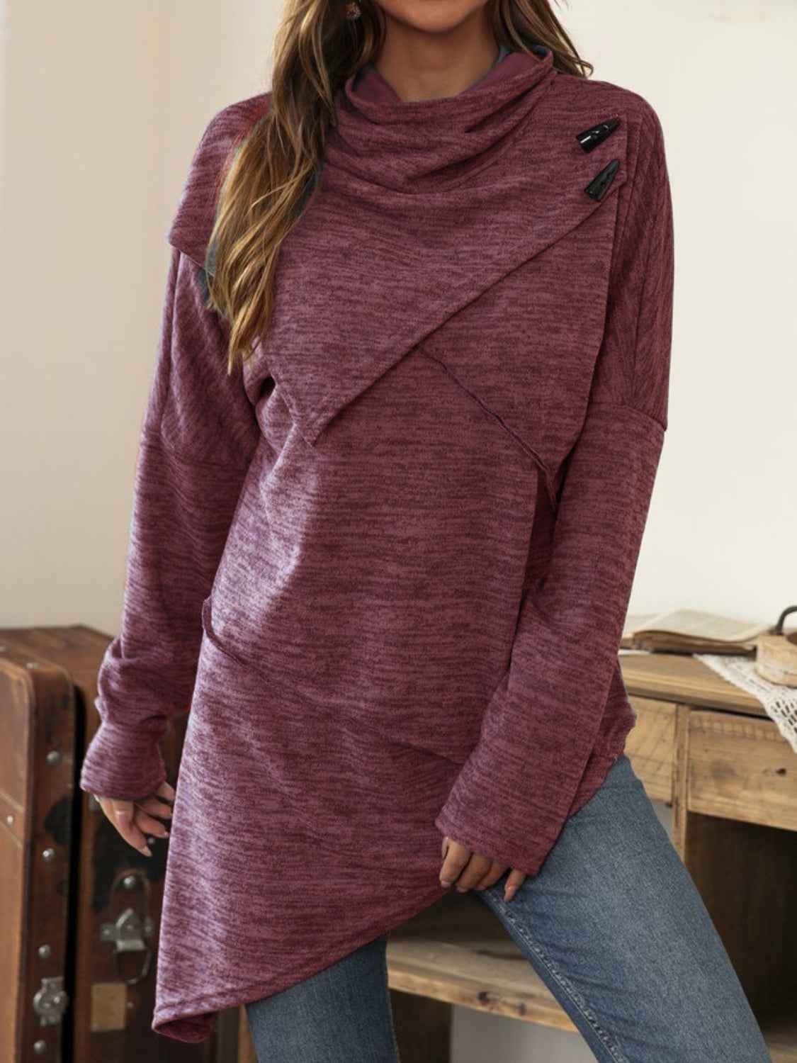 Asymmetrical Hem Cowl Neck Long Sleeve T-Shirt - Lojy Shop