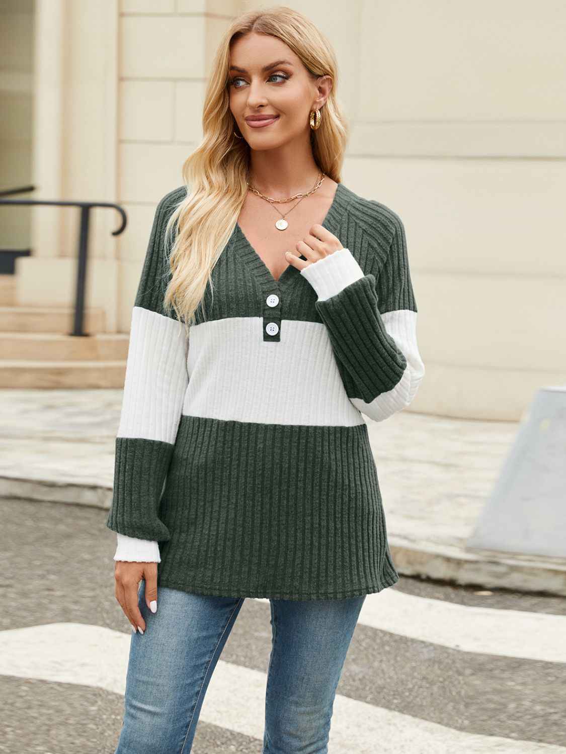 Color Block V-Neck Long Sleeve T-Shirt - Lojy Shop