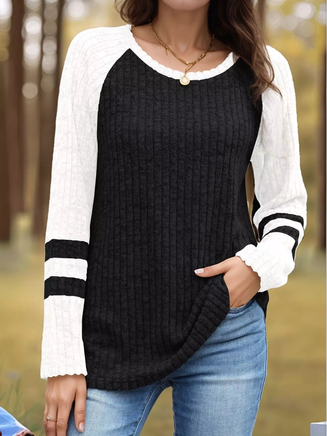 Ribbed Round Neck Raglan Sleeve Top