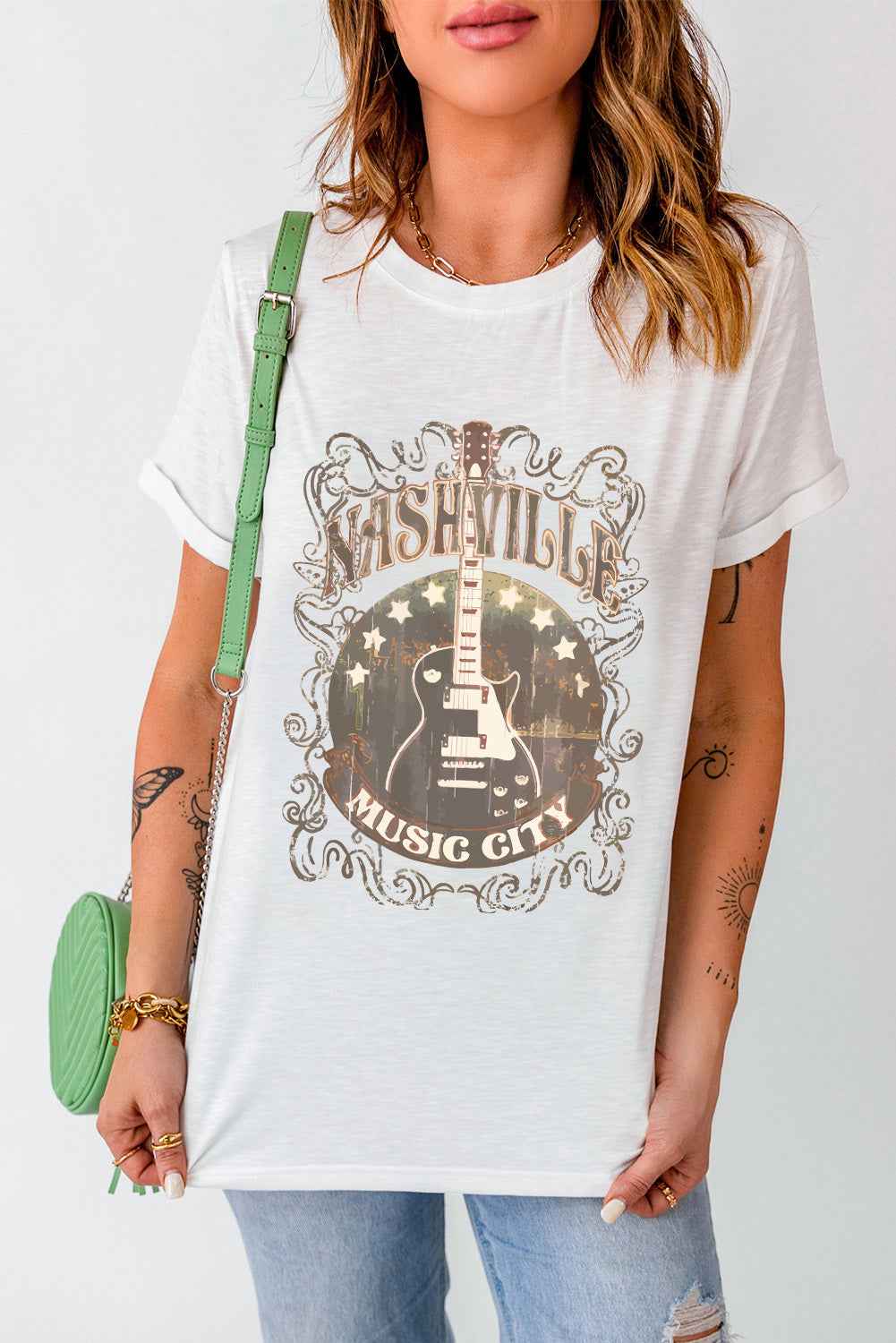 Guitar Graphic Round Neck Short Sleeve T-Shirt - Lojy Shop
