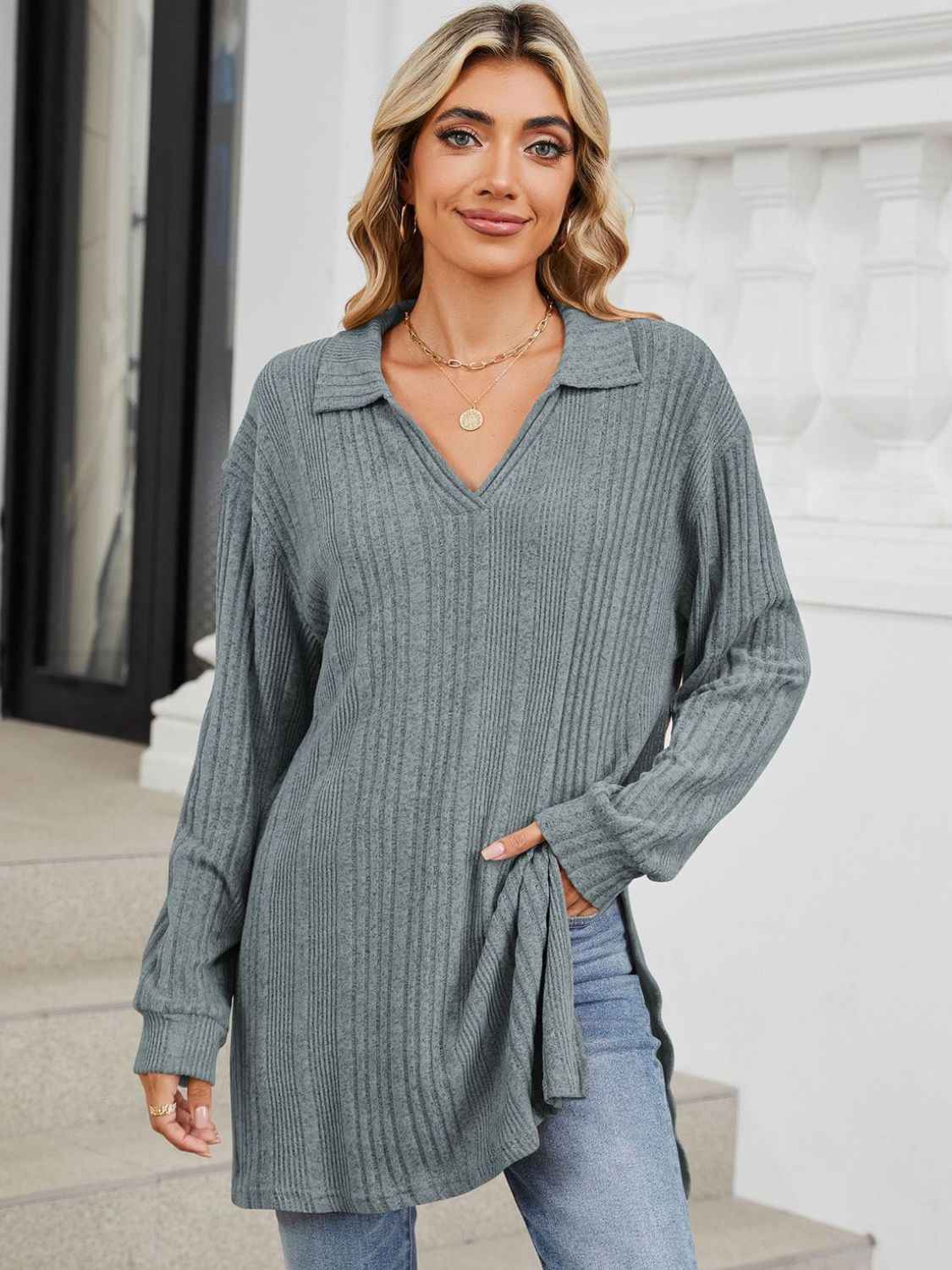 Slit Johnny Collar Long Sleeve T-Shirt - Lojy Shop