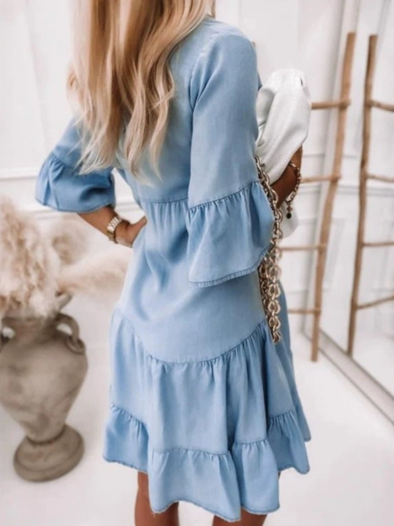 Ruffled Sleeve Button Front Mini Dress