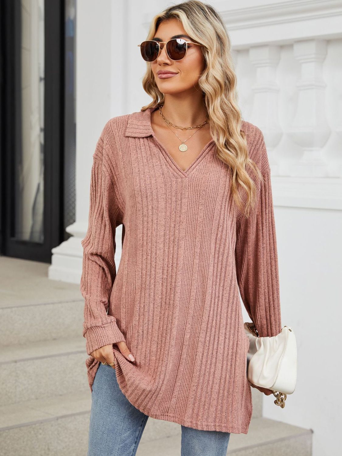 Slit Johnny Collar Long Sleeve T-Shirt - Lojy Shop