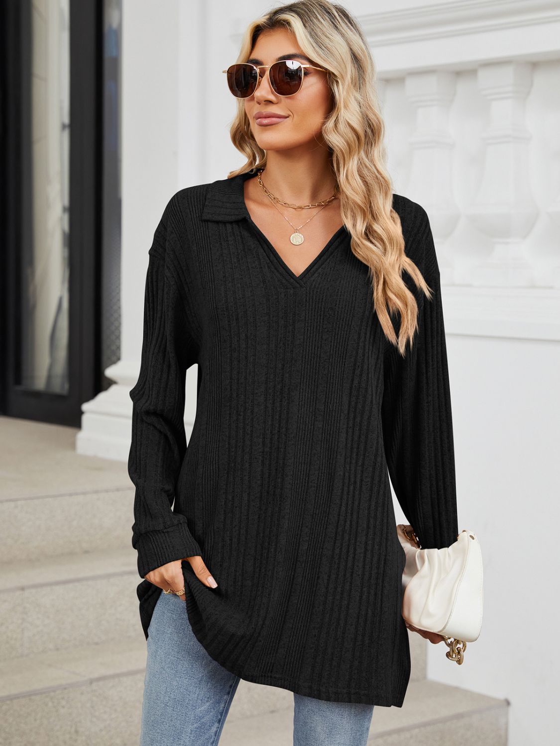 Slit Johnny Collar Long Sleeve T-Shirt - Lojy Shop