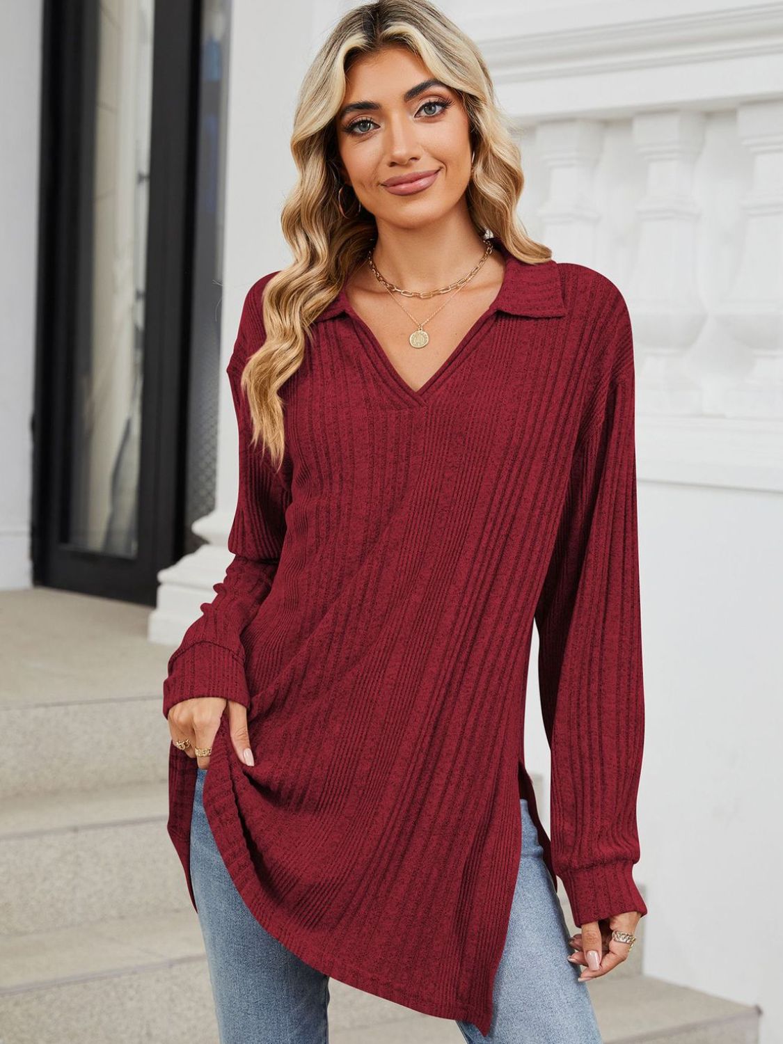 Slit Johnny Collar Long Sleeve T-Shirt - Lojy Shop