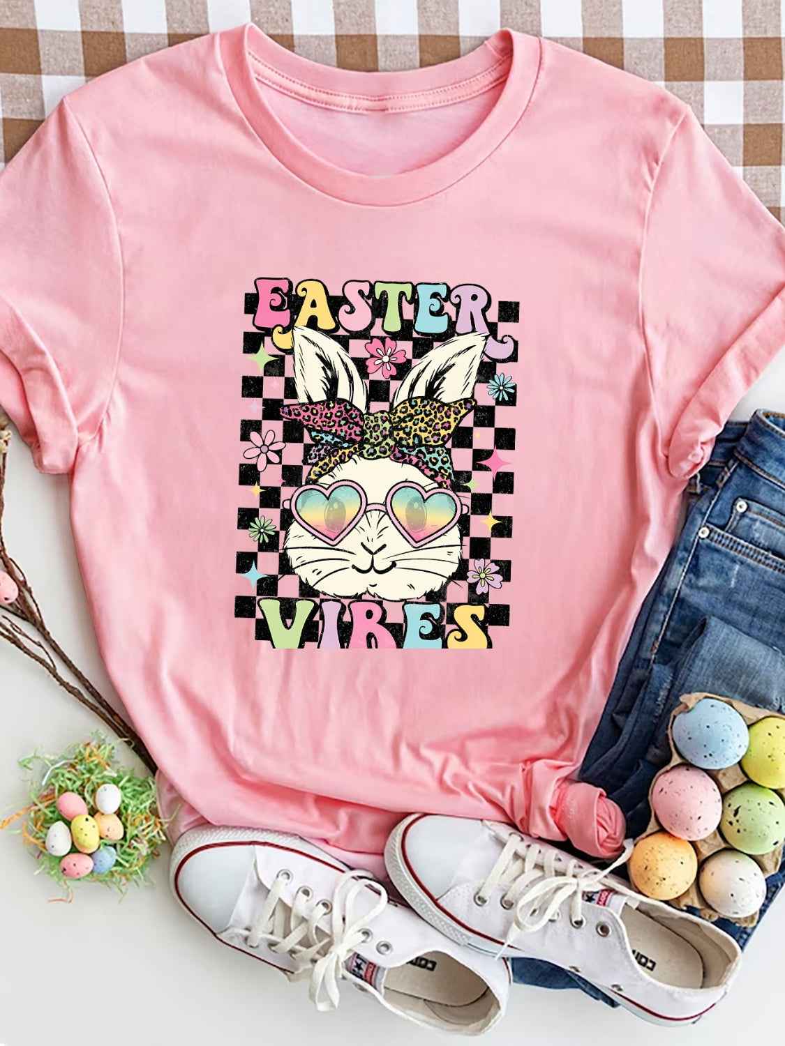 EASTER VIBES Round Neck Short Sleeve T-Shirt - Lojy Shop