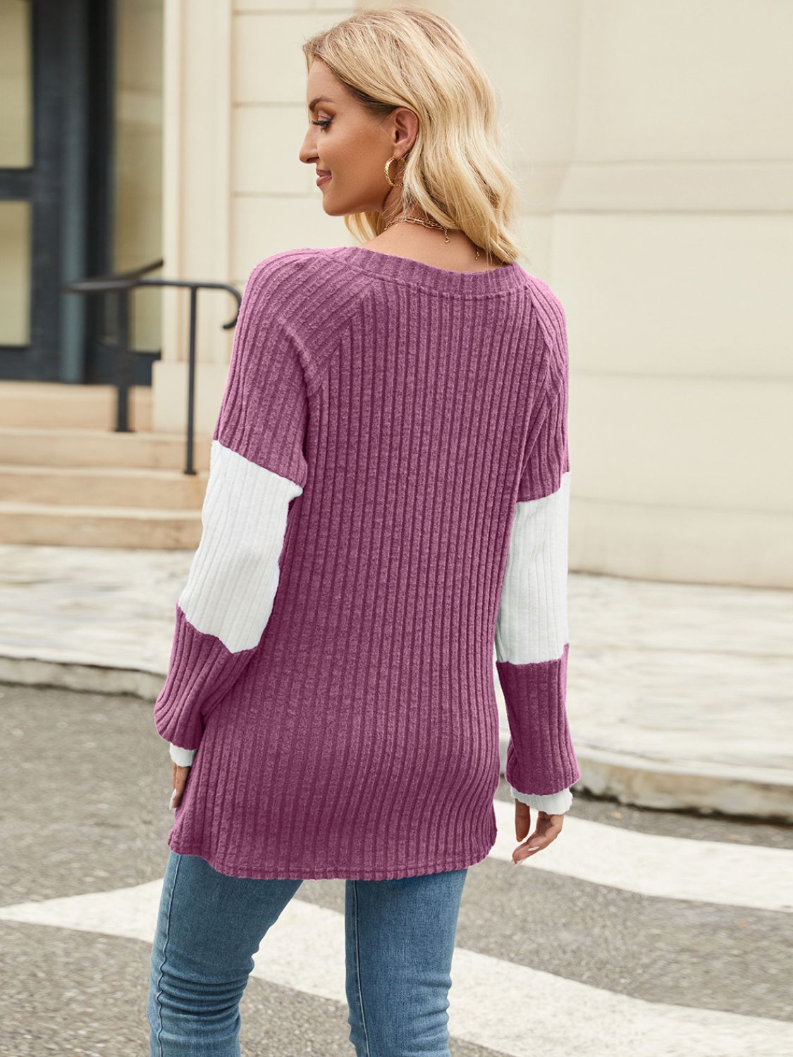 Color Block V-Neck Long Sleeve T-Shirt - Lojy Shop