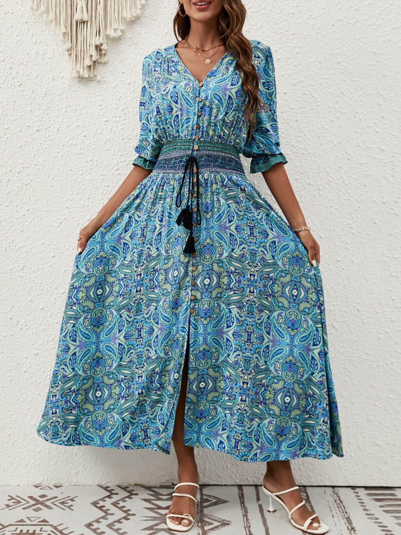 Paisley Print Half Sleeve Slit Midi Dress