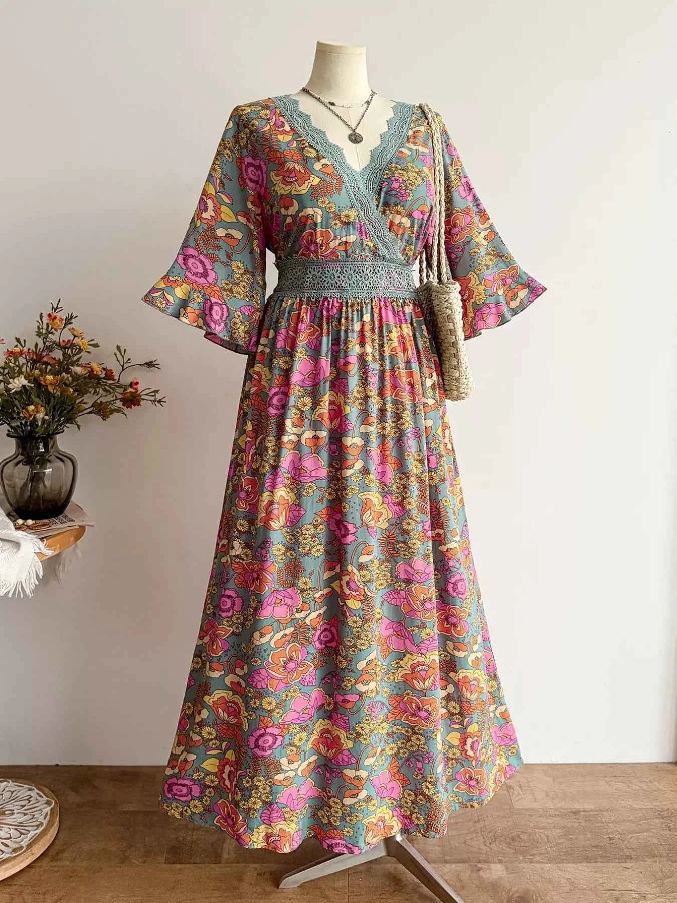 Plus Size Lace Detail Floral Surplice Dress
