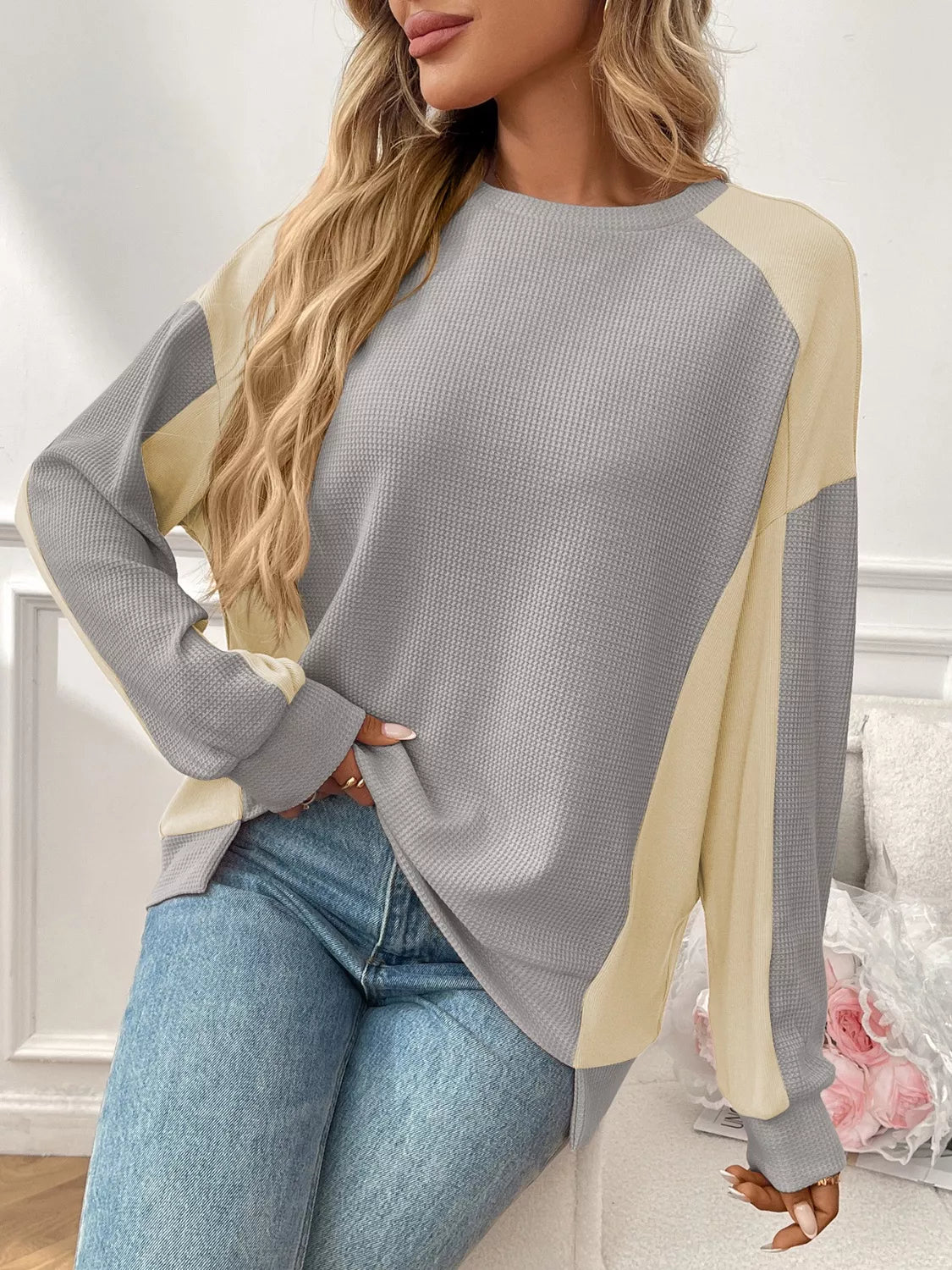 Color Block Waffle Knit Long Sleeve T-Shirt