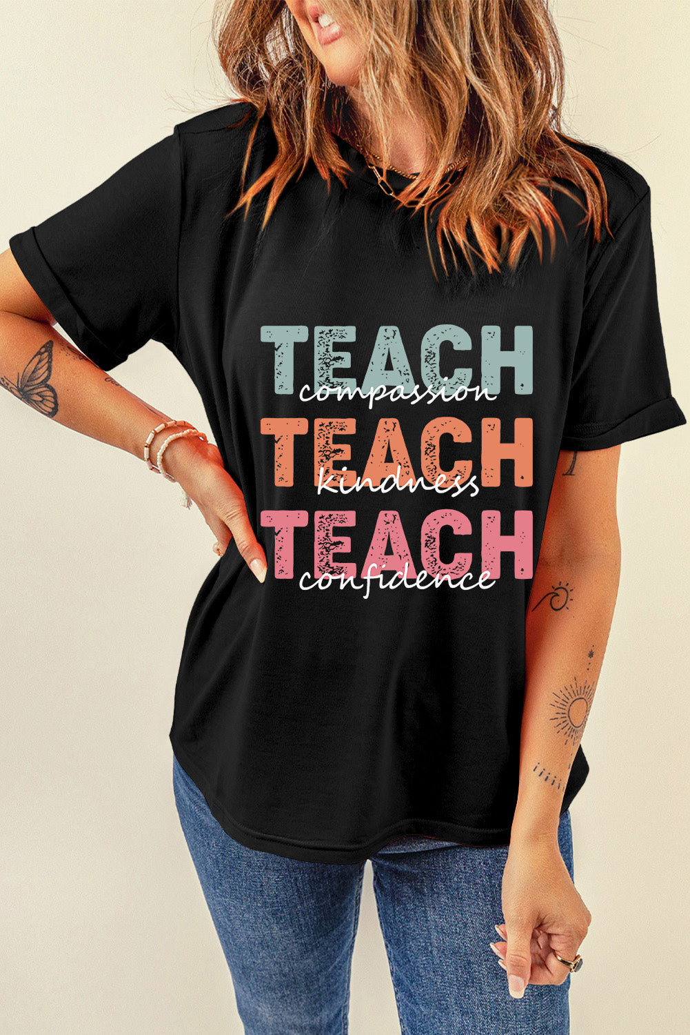 Letter Graphic Round Neck Short Sleeve T-Shirt - Lojy Shop