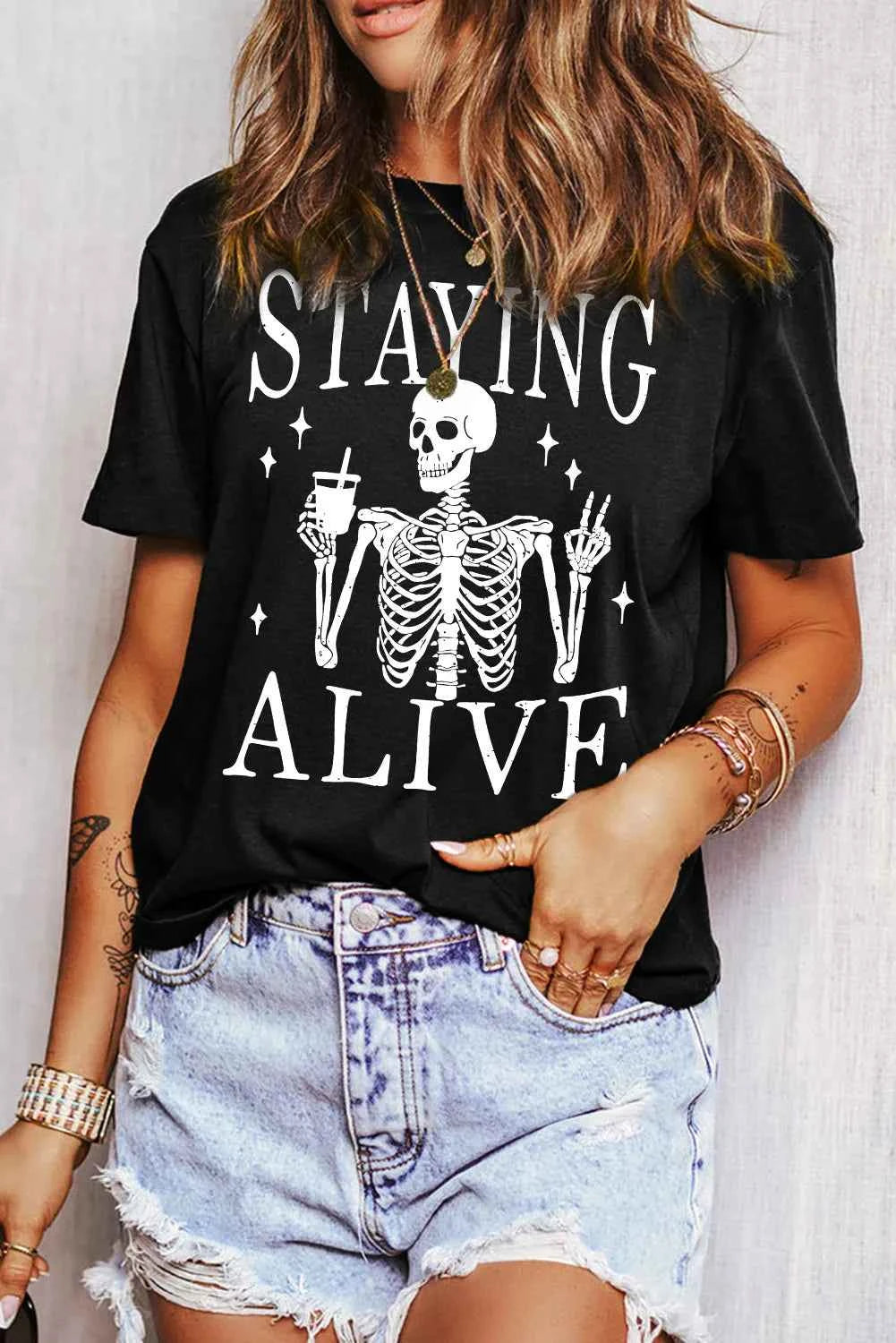 Graphic Round Neck Short Sleeve T-Shirt - Lojy Shop